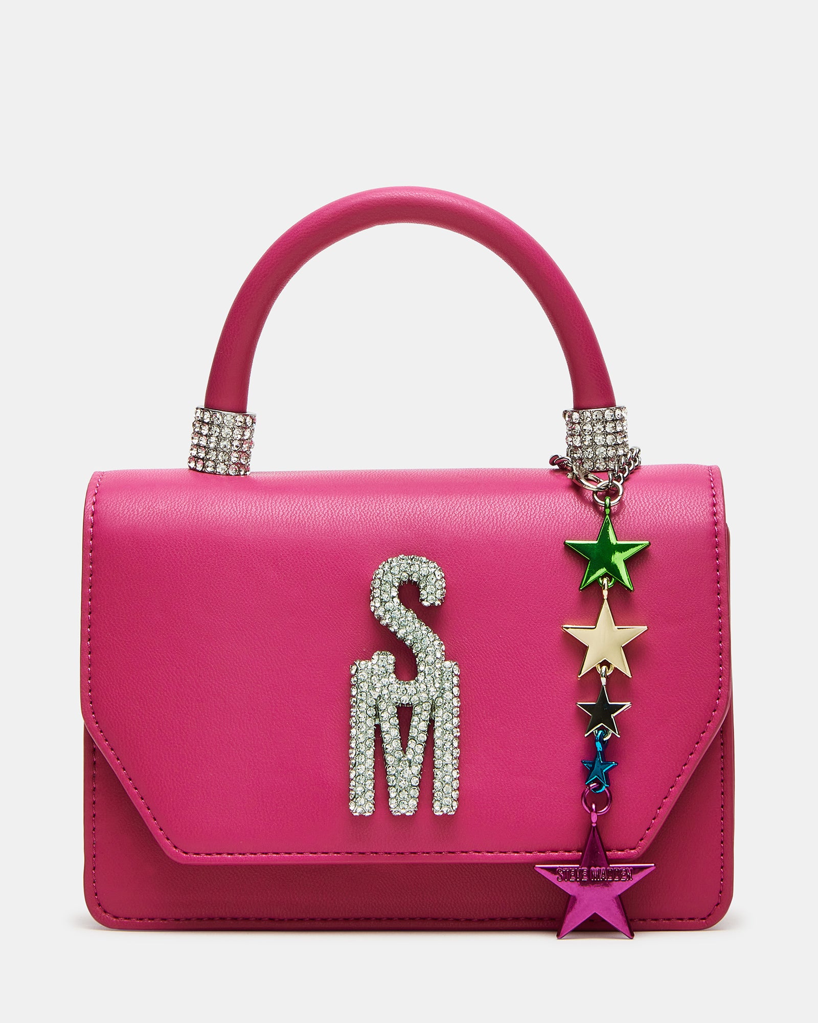 Front view of trendy pink mini handbag with crossbody strap