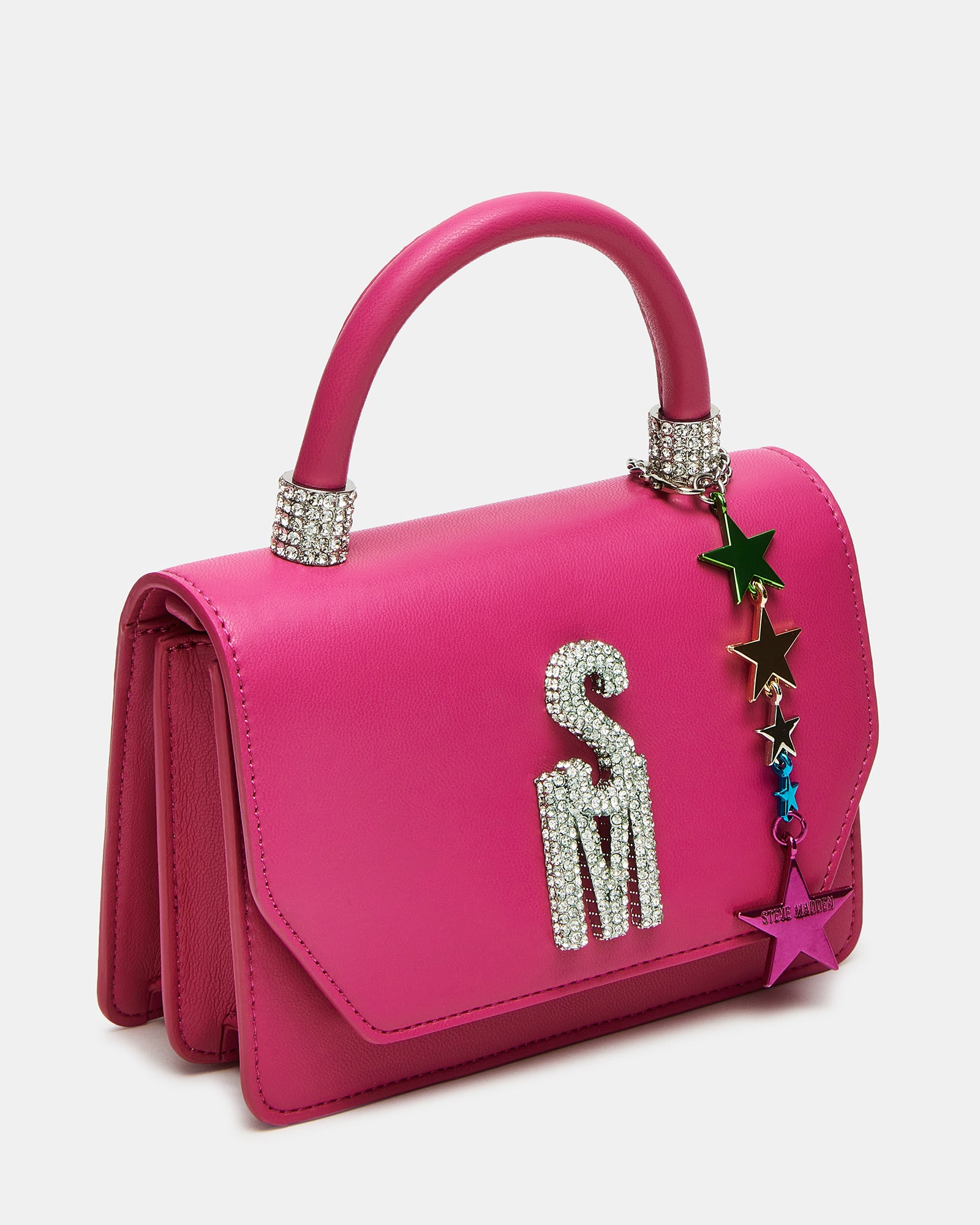 Front view of trendy pink mini handbag with crossbody strap