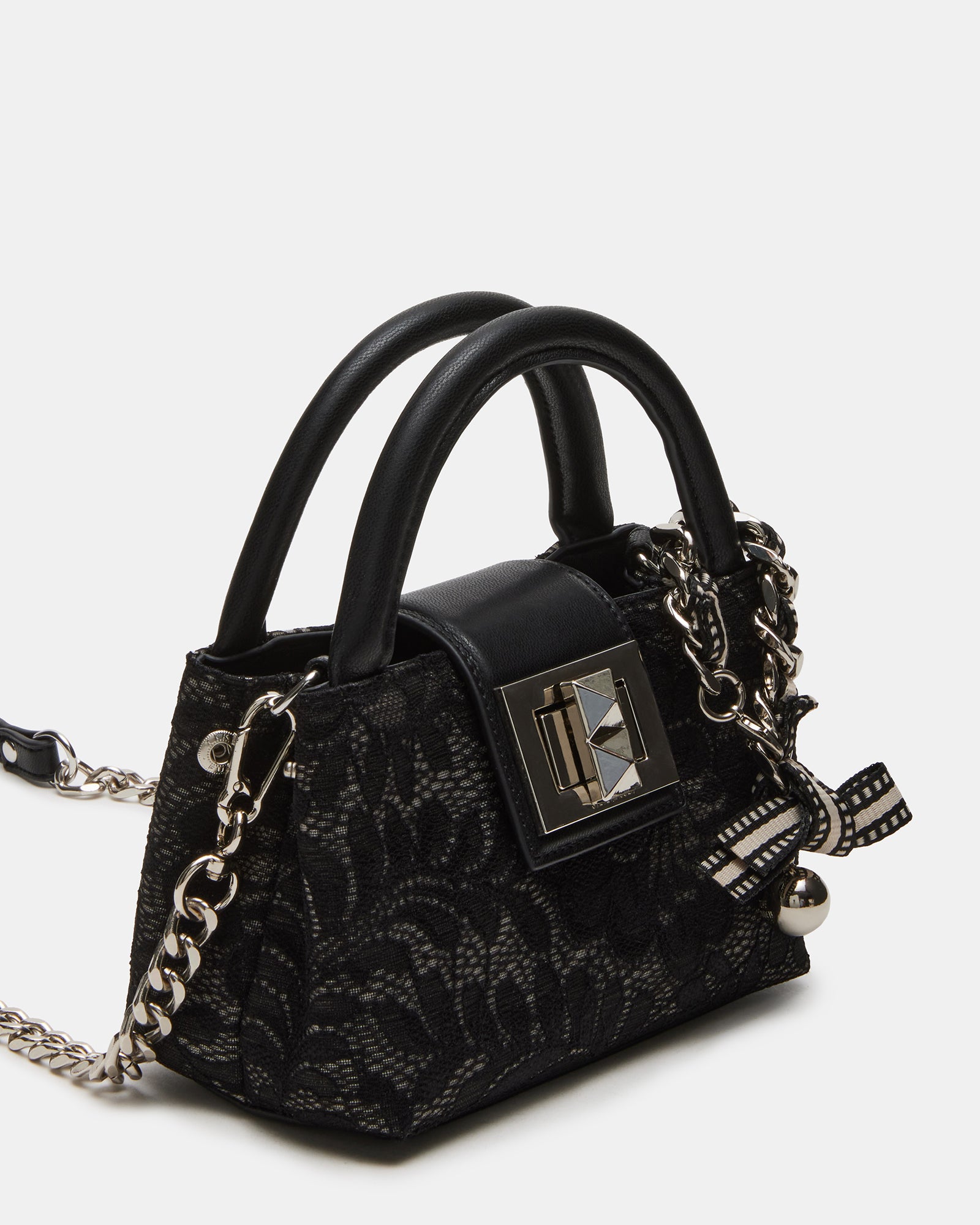 Elegant black lace mini crossbody bag with bow detail, perfect for evening outings.