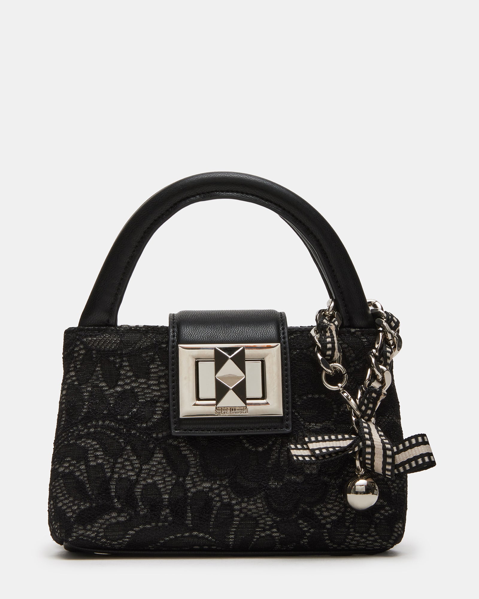 Elegant black lace mini crossbody bag with bow detail, perfect for evening outings.