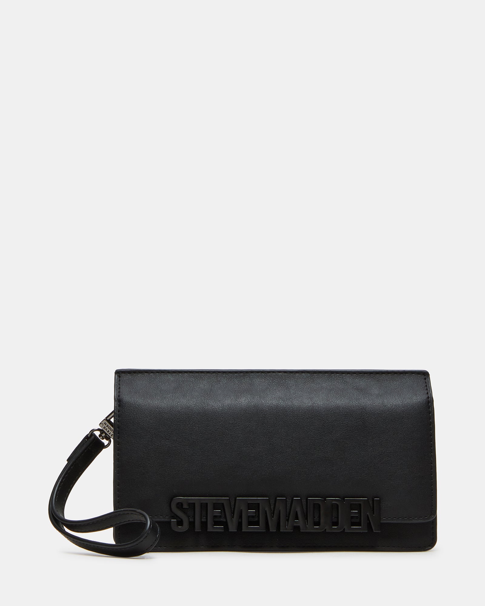 Front view of the sleek black wristlet wallet showcasing card slots.