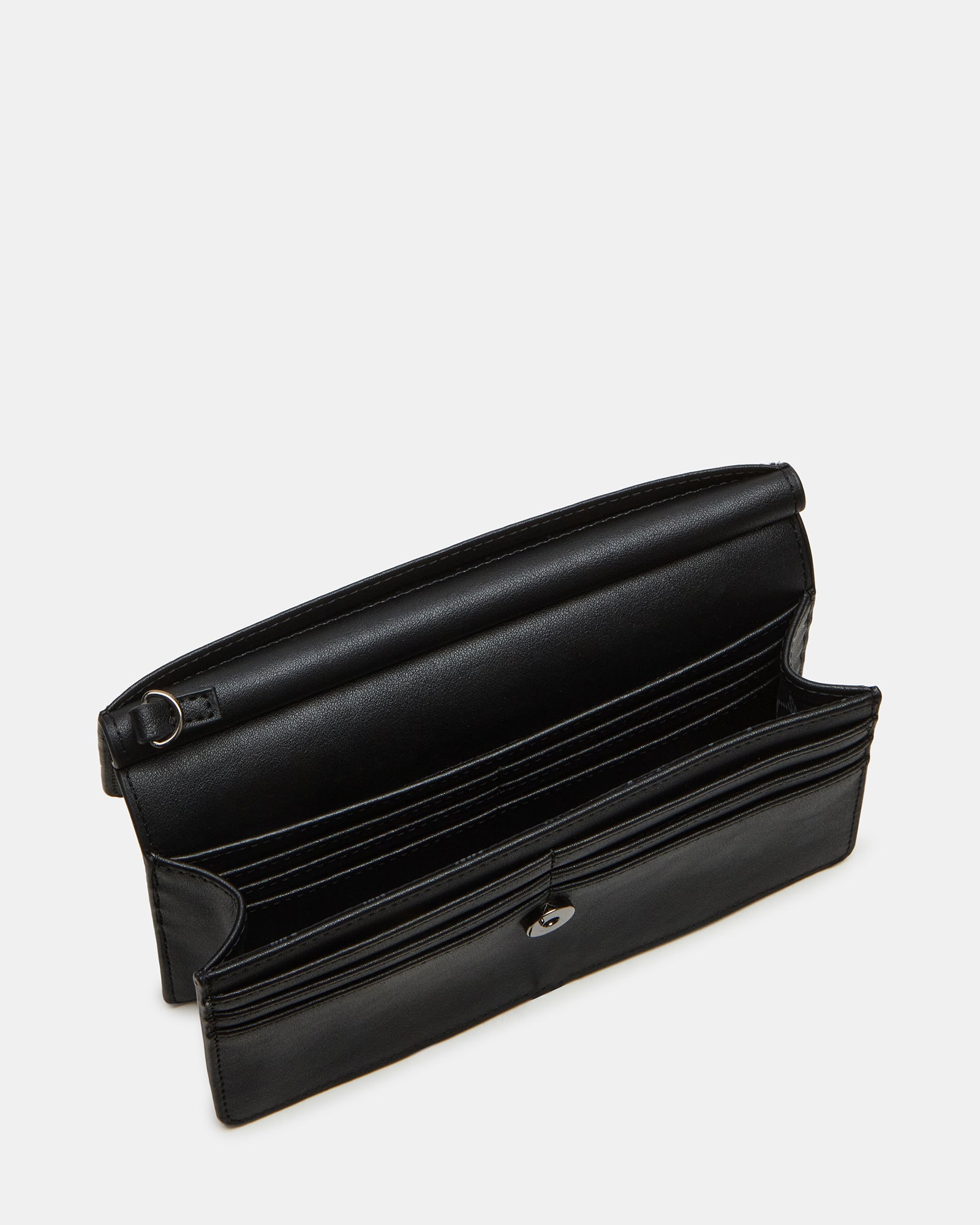 Front view of the sleek black wristlet wallet showcasing card slots.
