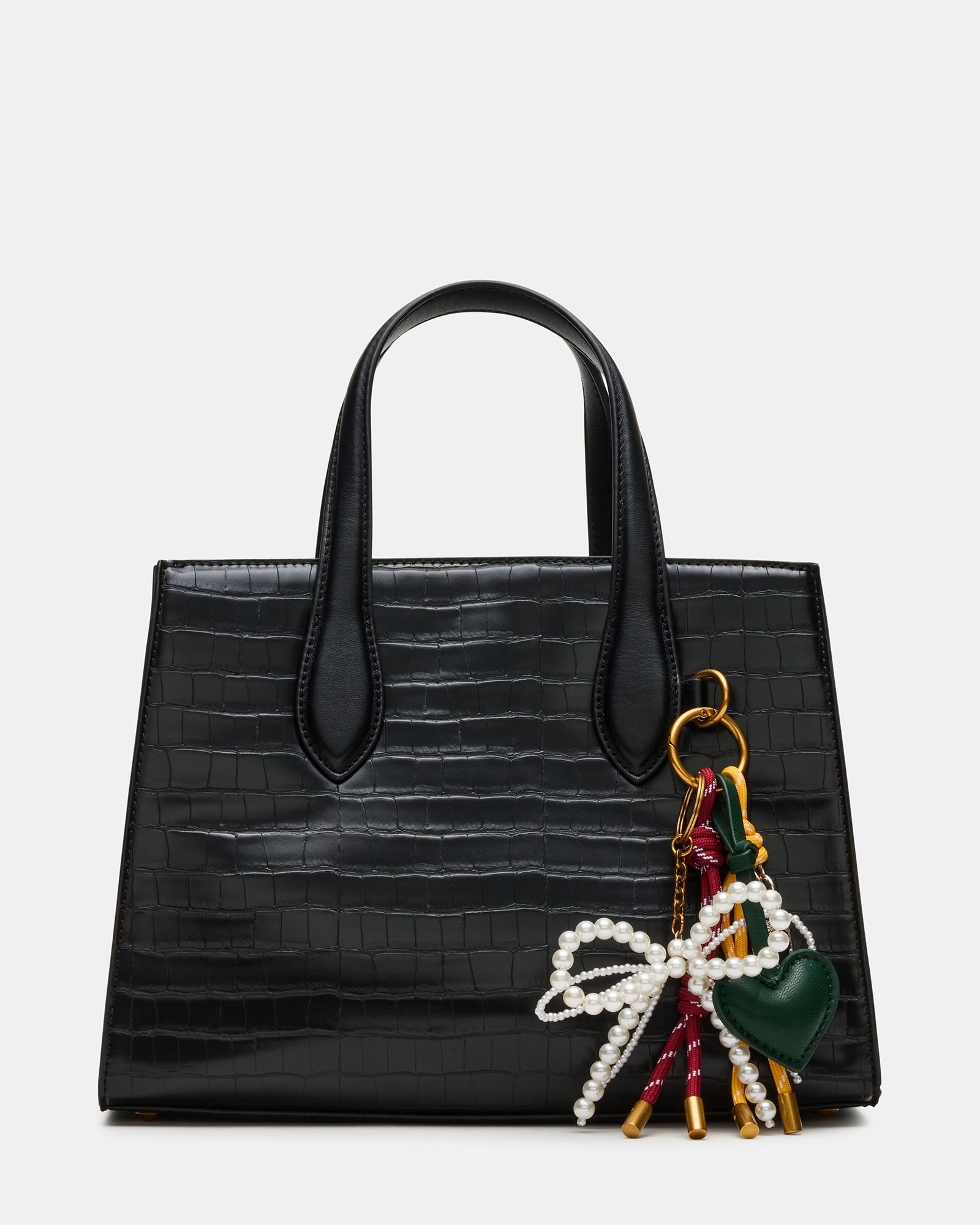 Front view of CALLEB designer tote bag with crossbody strap attached