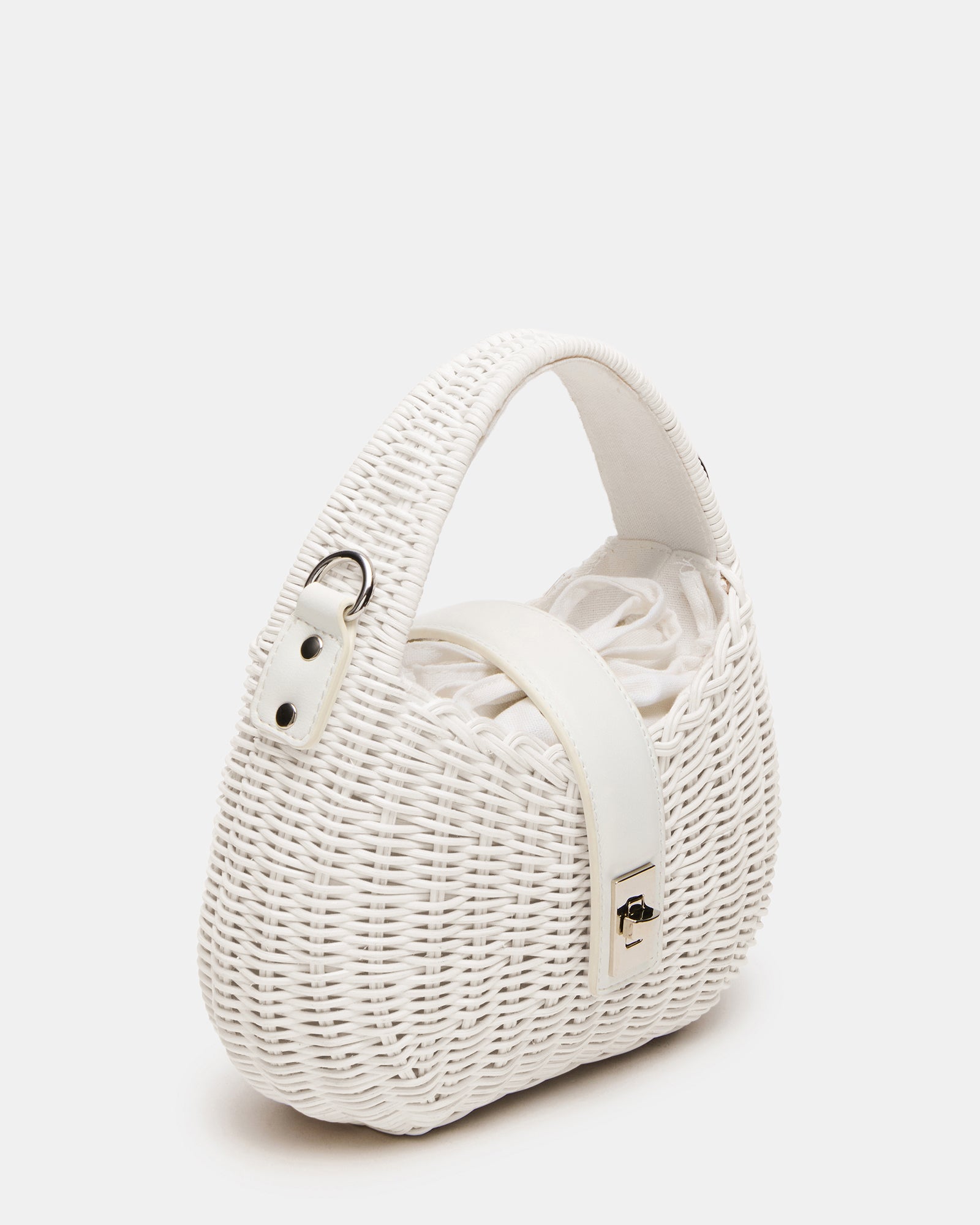 Canela white mini hobo bag with turn-lock closure and drawstring pouch
