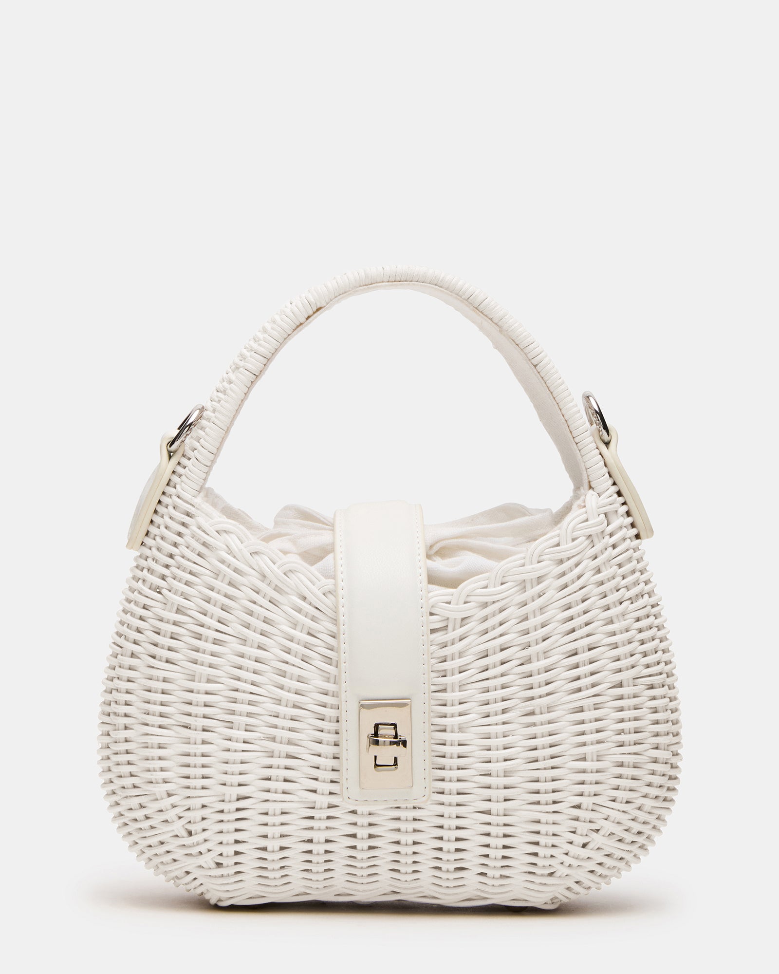 Canela white mini hobo bag with turn-lock closure and drawstring pouch