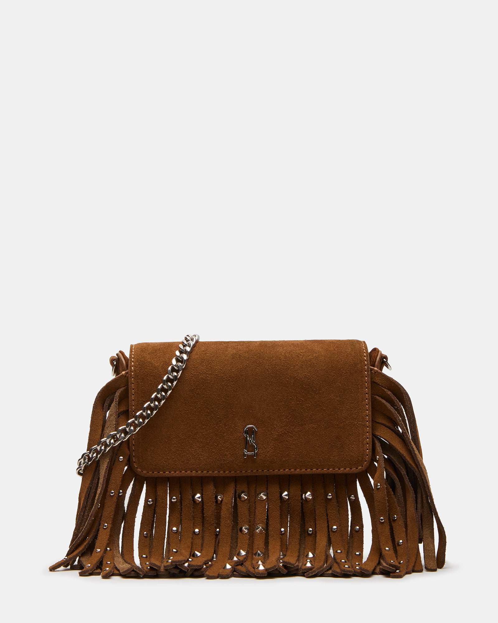 Cassidy bag front angle showcasing fringe tassels and brown suede finish
