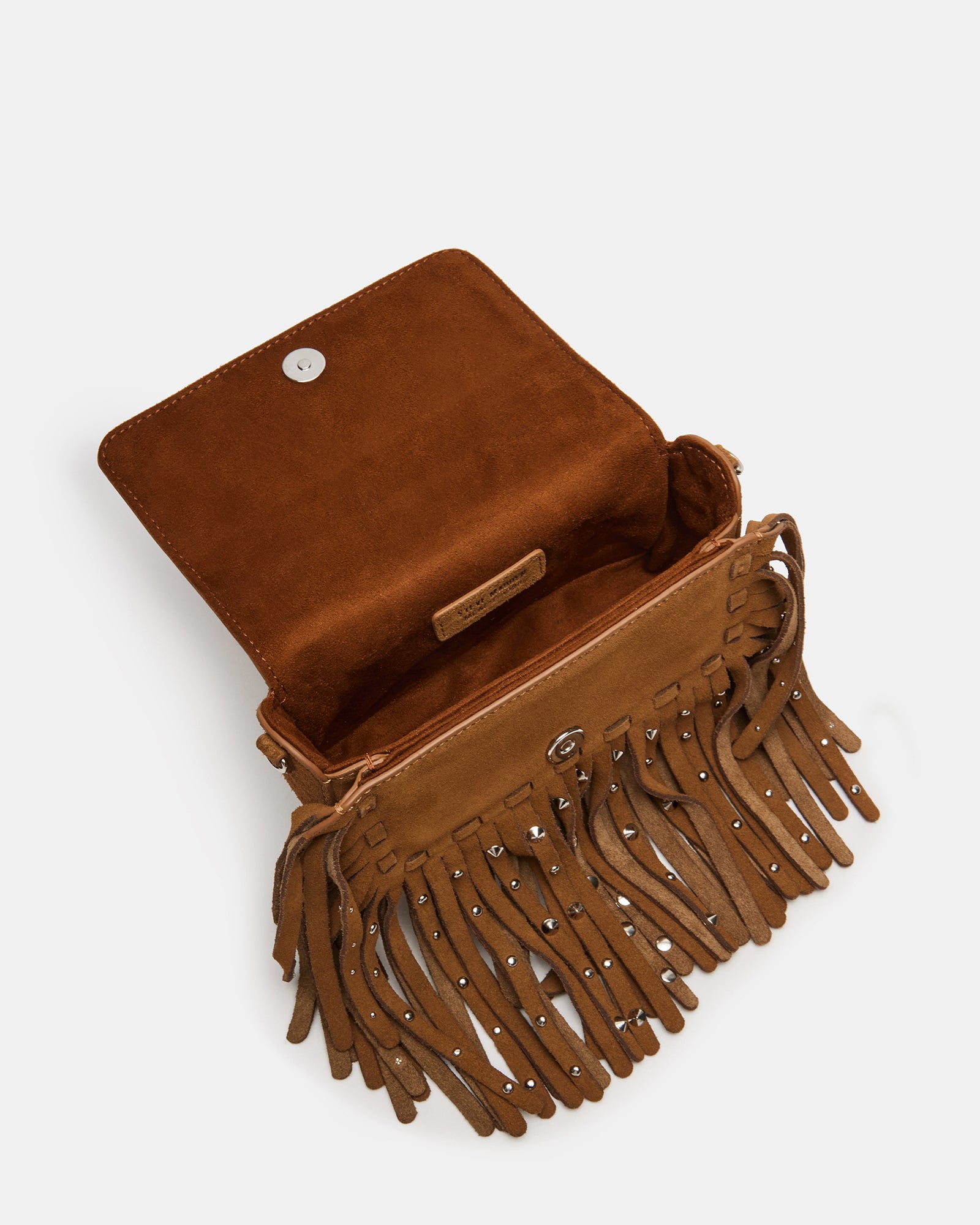 Cassidy bag front angle showcasing fringe tassels and brown suede finish