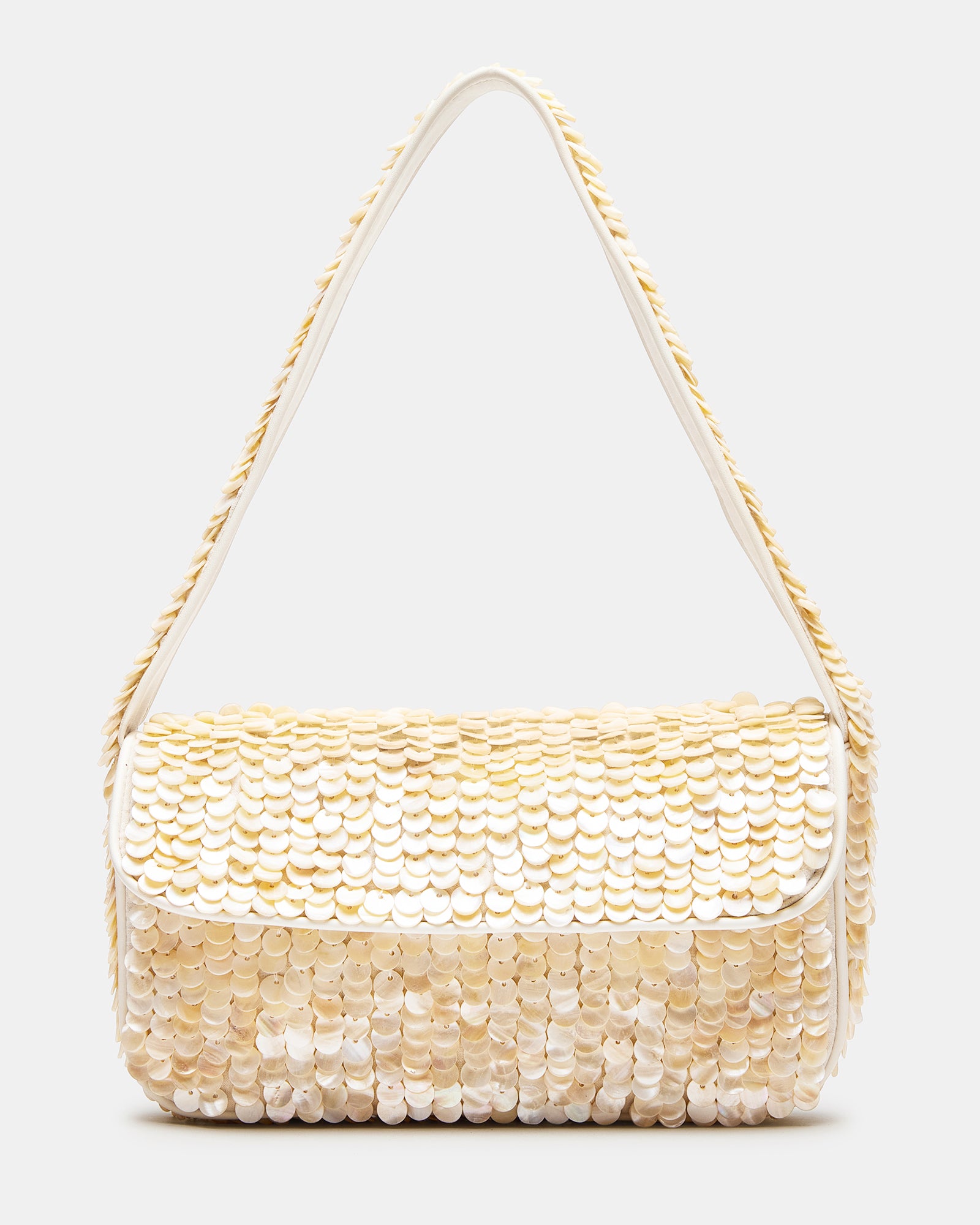 Close-up of the ivory beaded bag with shell disc embellishments showing the detailed beading