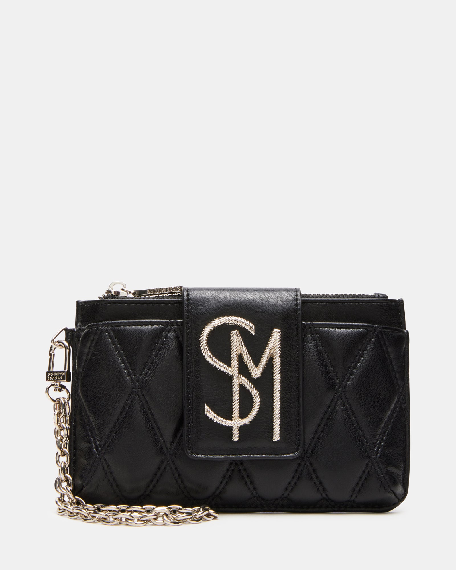 Close-up of black quilted wallet showing gold logo and chain detail