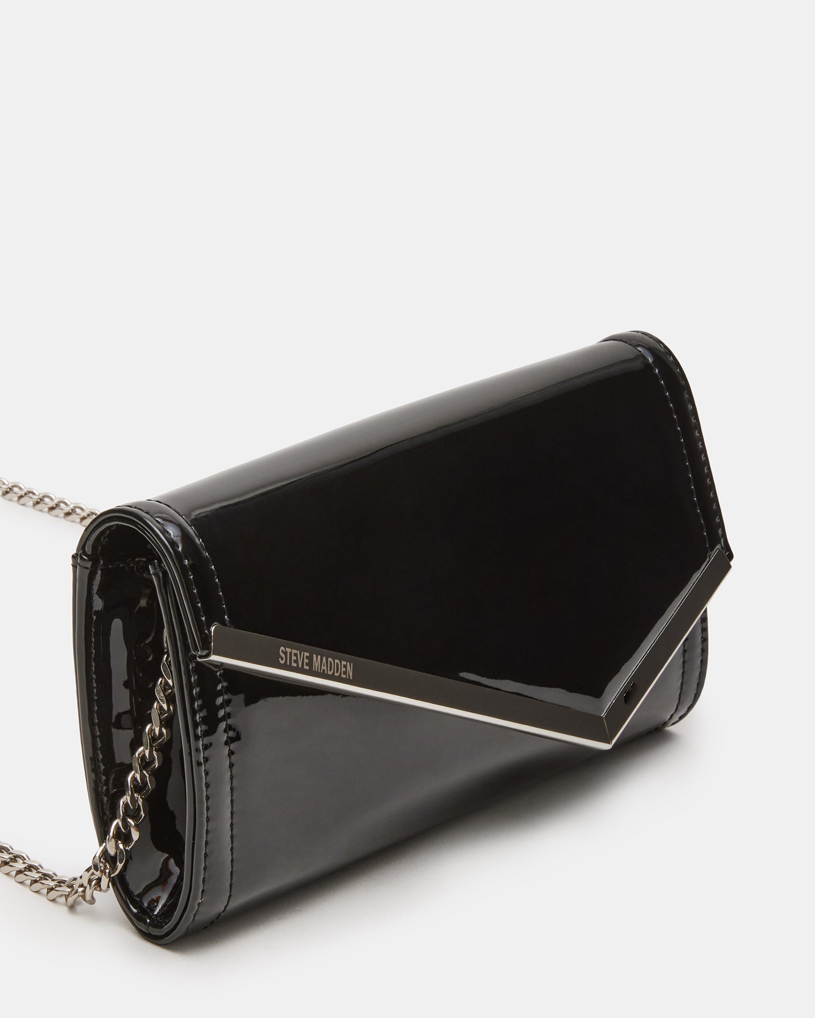 Front view of the black patent clutch bag with asymmetrical flap and chain strap