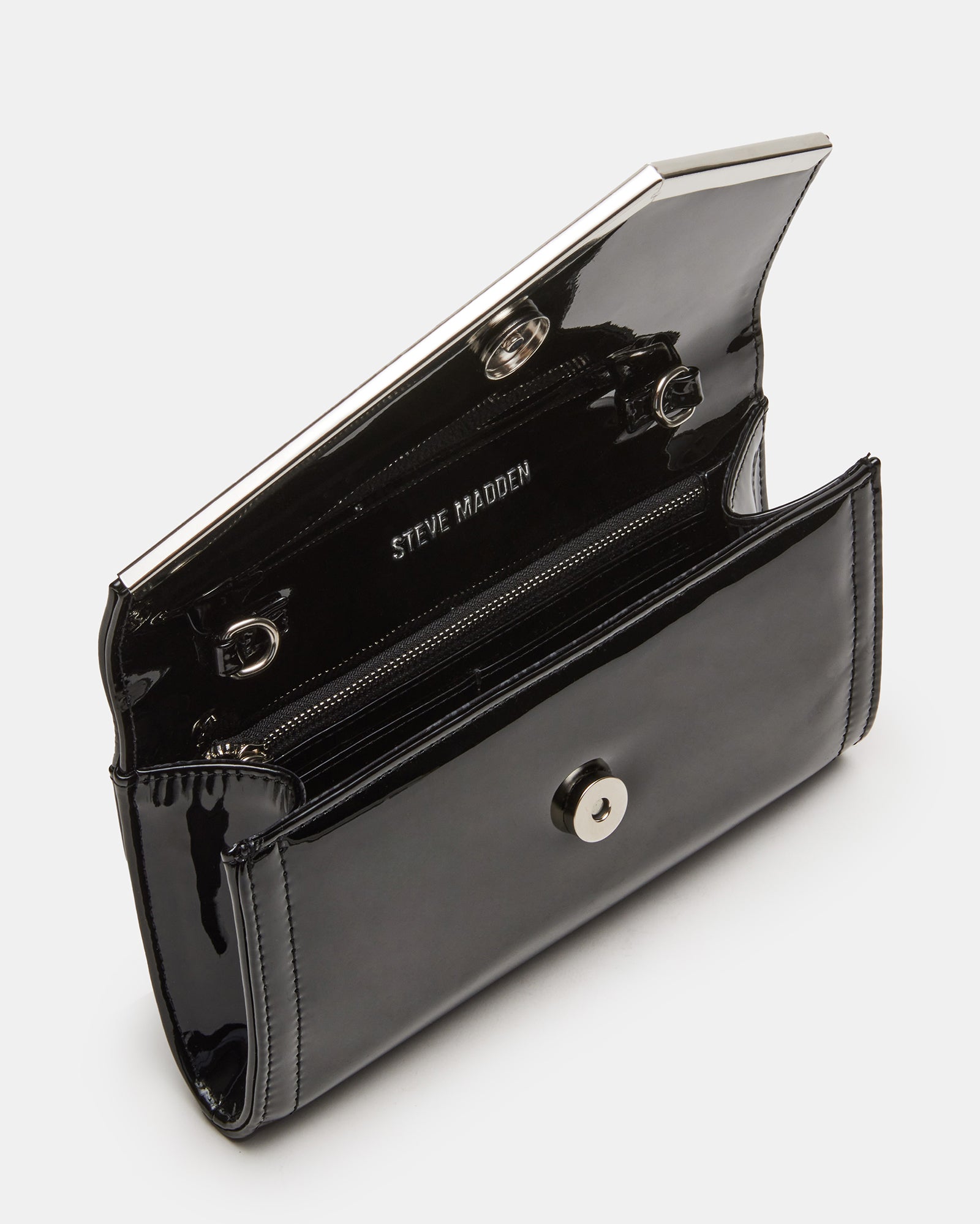 Interior of the designer black clutch showing card slots and slip pocket