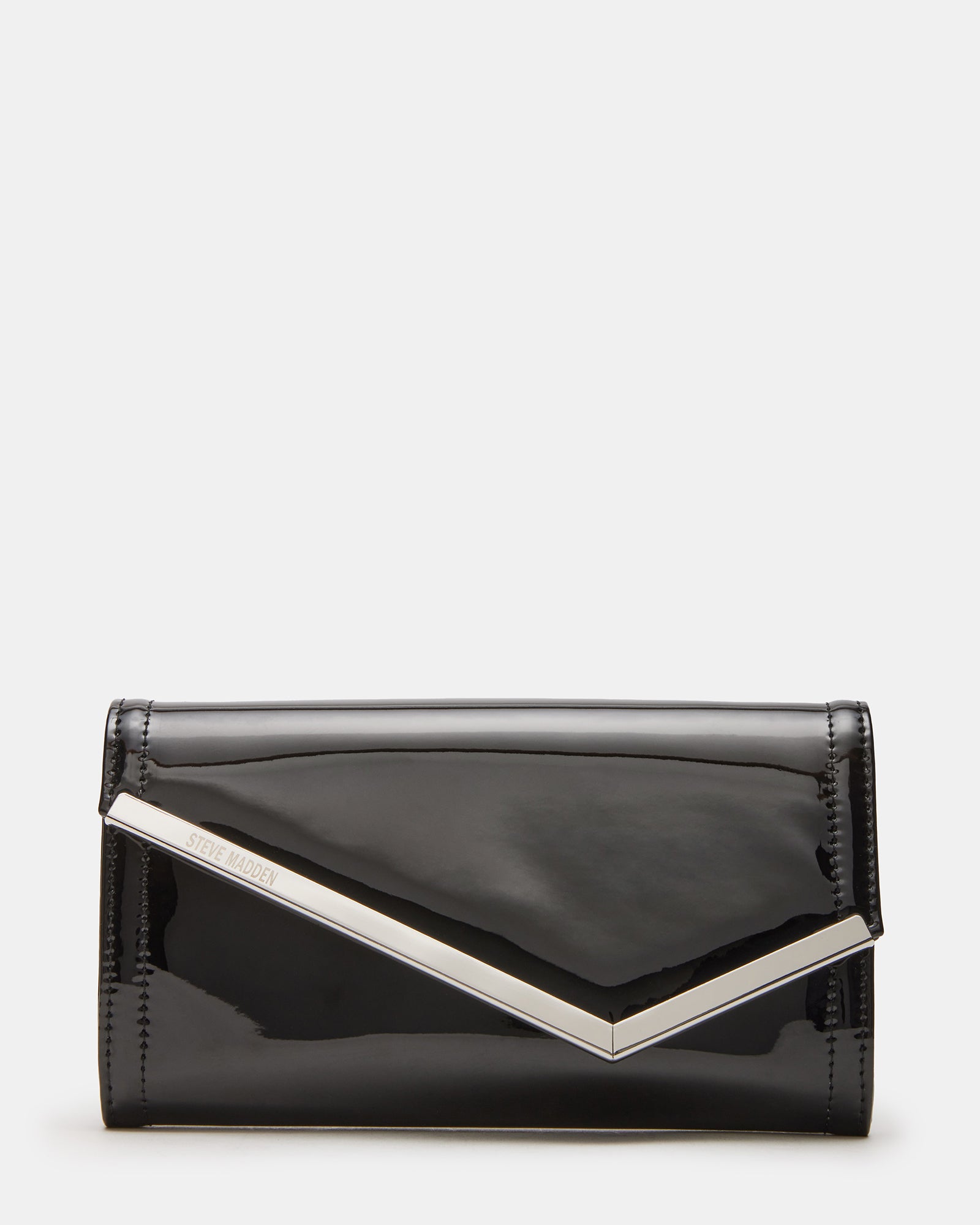 Front view of the black patent clutch bag with asymmetrical flap and chain strap