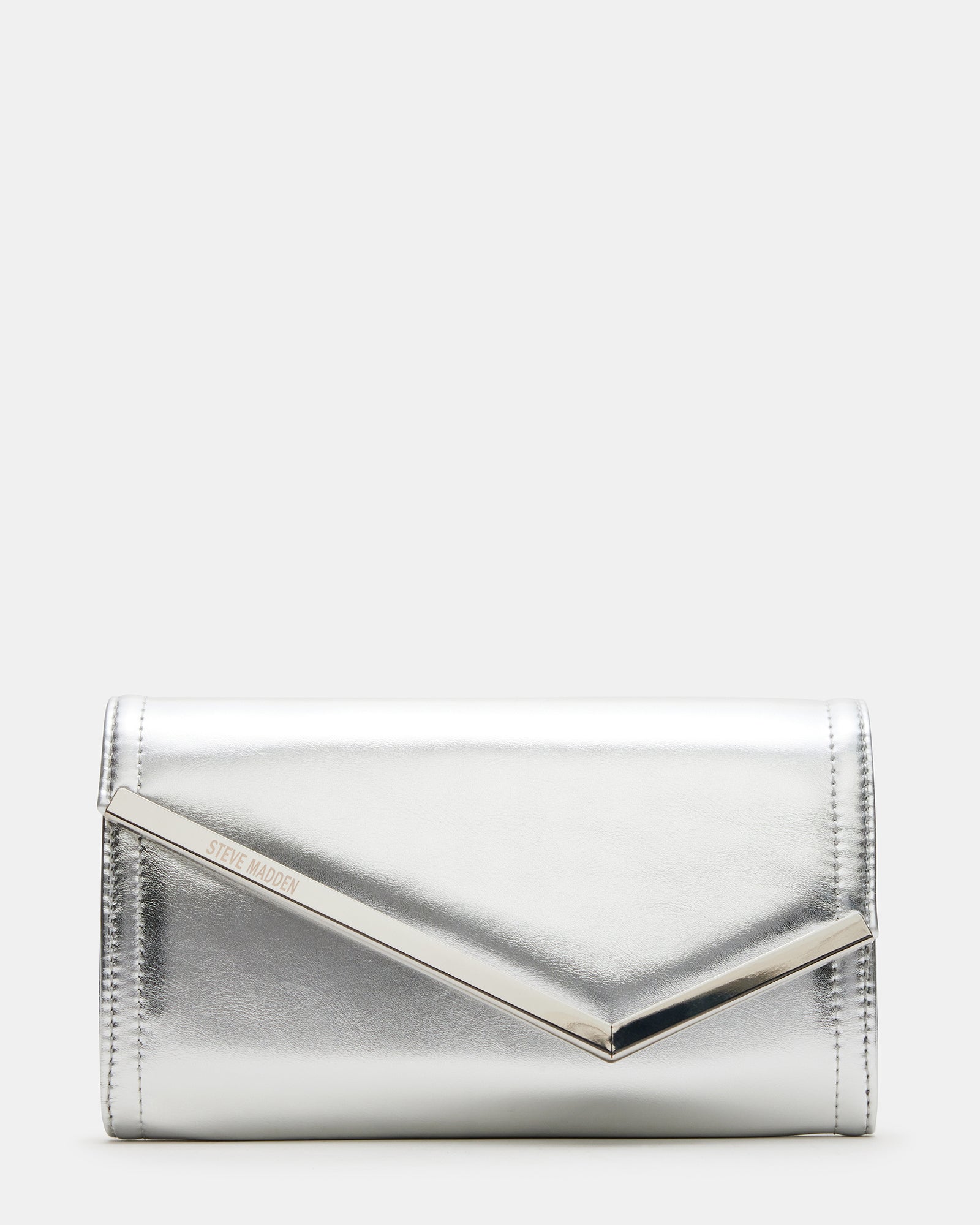Front view of the silver clutch evening bag showcasing its asymmetrical flap.