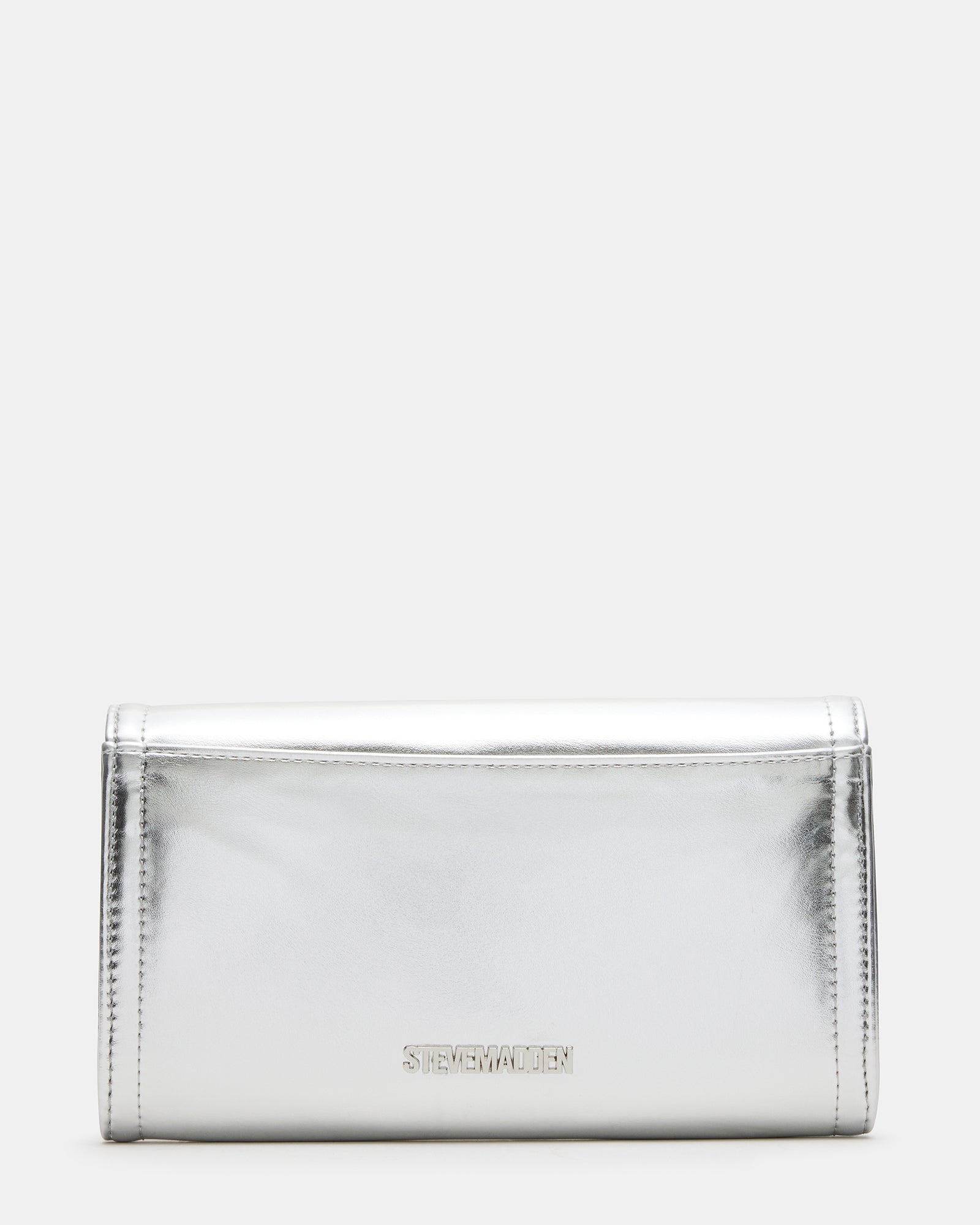 Interior view demonstrating the six card slots of the silver metallic clutch bag.