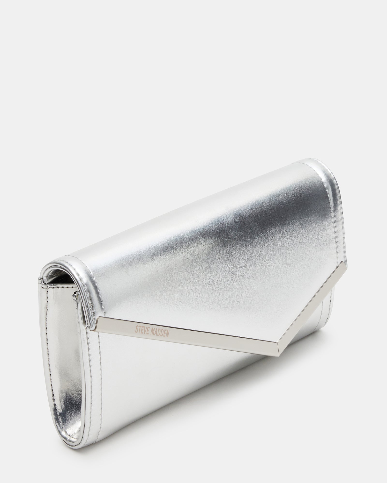 Front view of the silver clutch evening bag showcasing its asymmetrical flap.