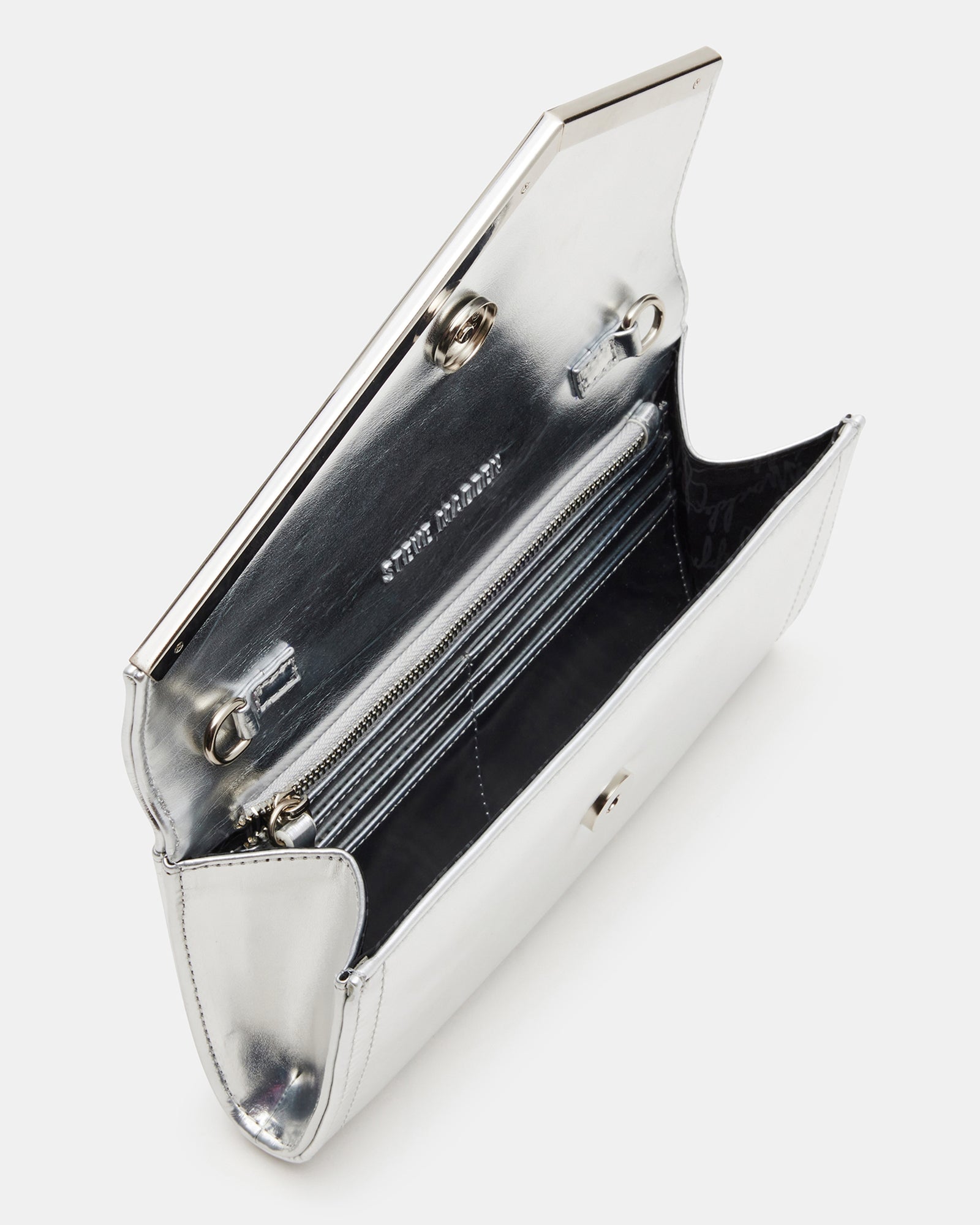 Side view highlighting the removable chain strap of the crossbody clutch bag.
