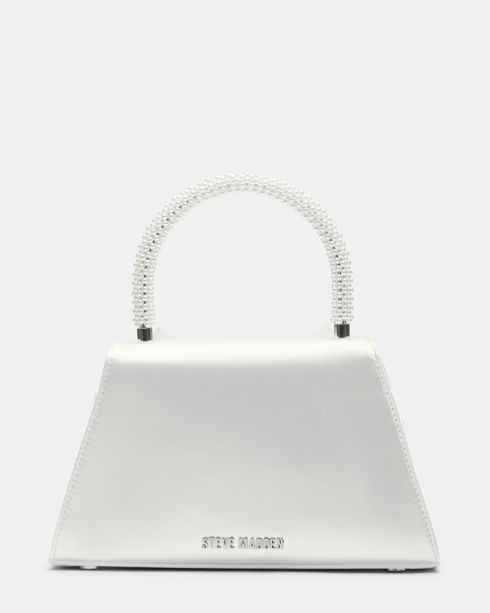 Close-up of silver evening clutch bag with satin bow.