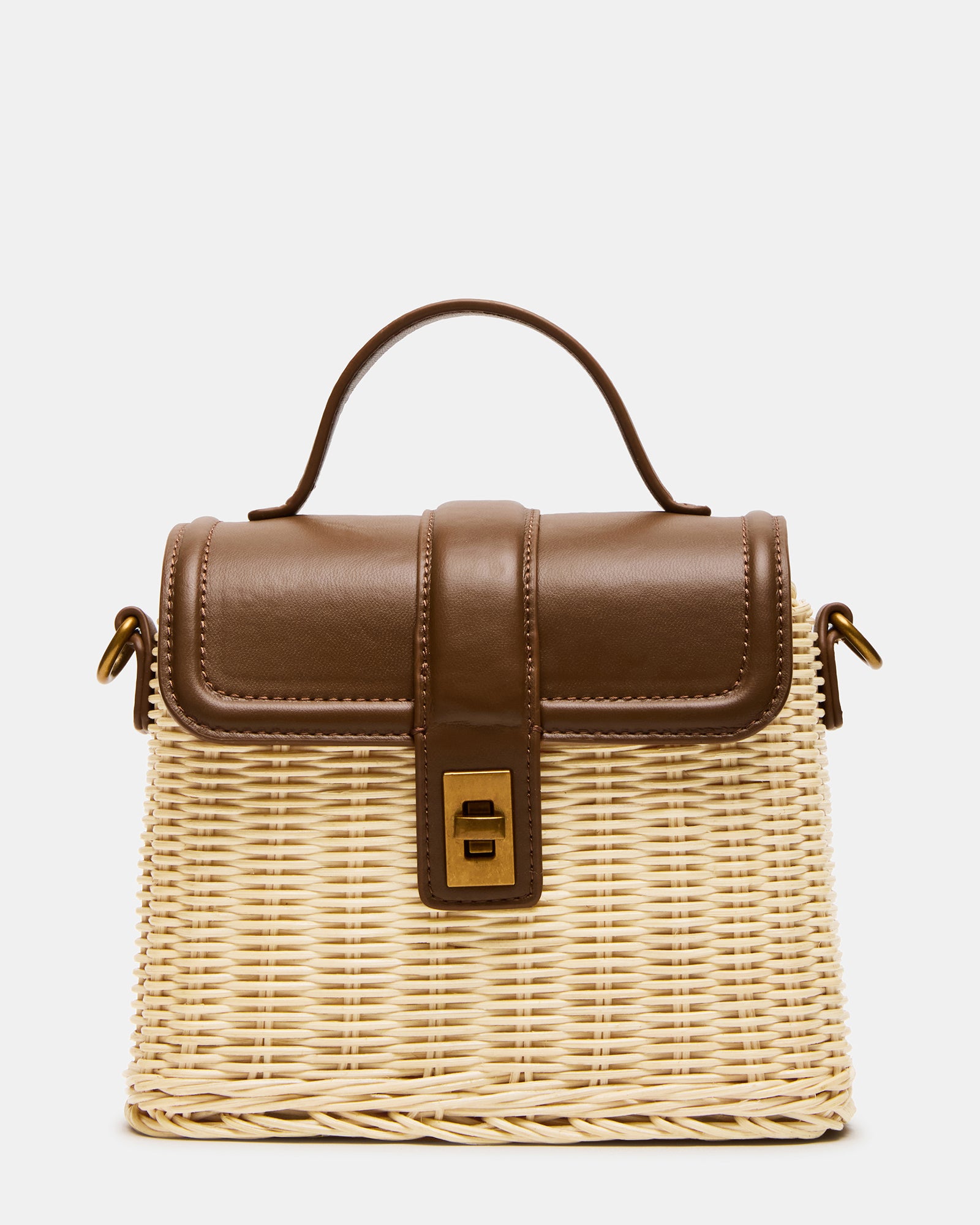 Front view of the wicker and brown leather Cristy bag with turn-lock closure
