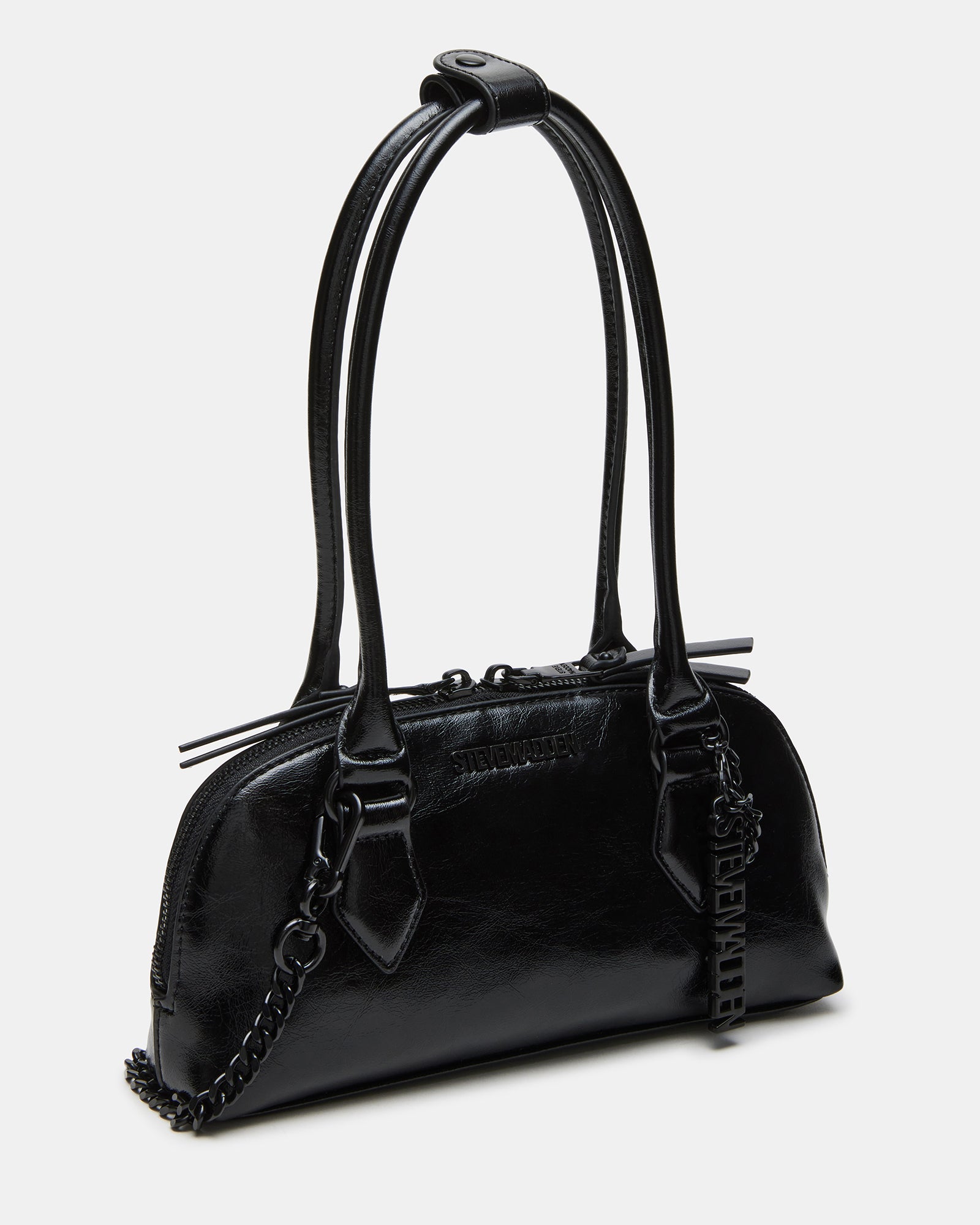 Front view of the versatile black crossbody bag with adjustable straps.