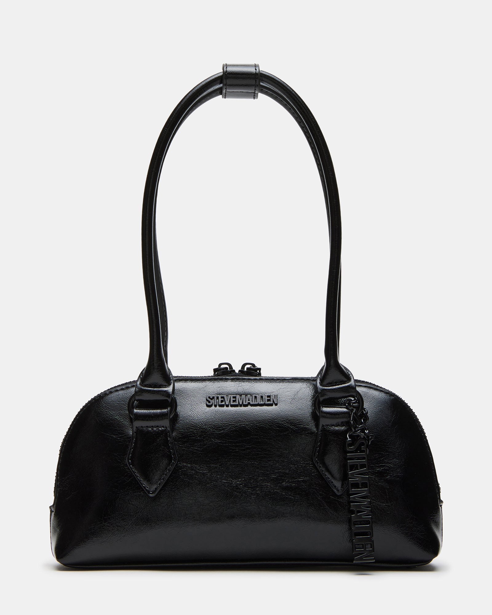 Front view of the versatile black crossbody bag with adjustable straps.