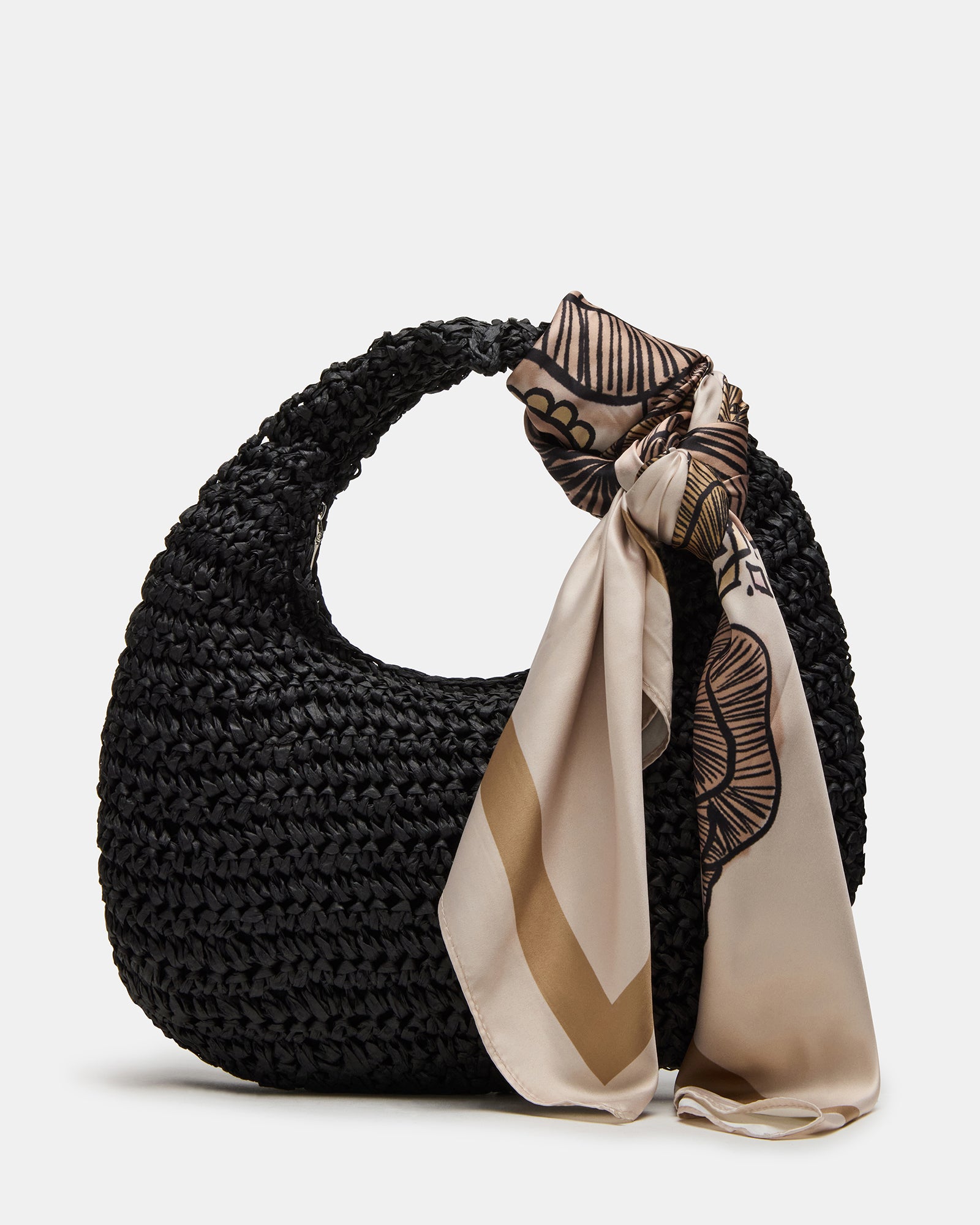 Front view of stylish black crescent straw shoulder bag