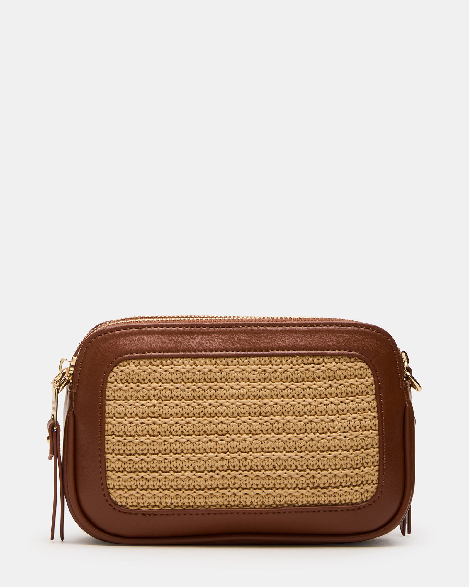 Top view of the straw tote bag showing zipper closure and gussets