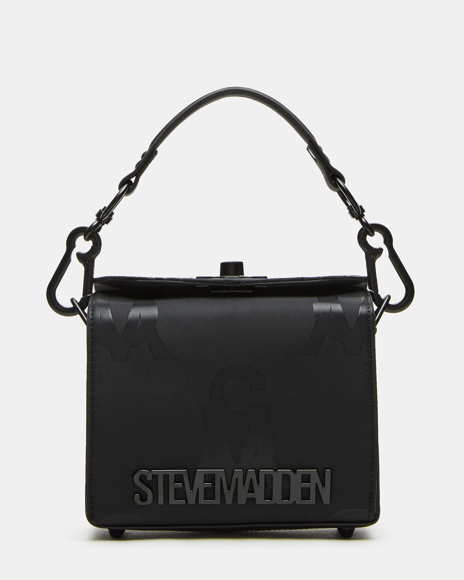 Front angle of mini top handle bag shown against a NYC skyline backdrop.