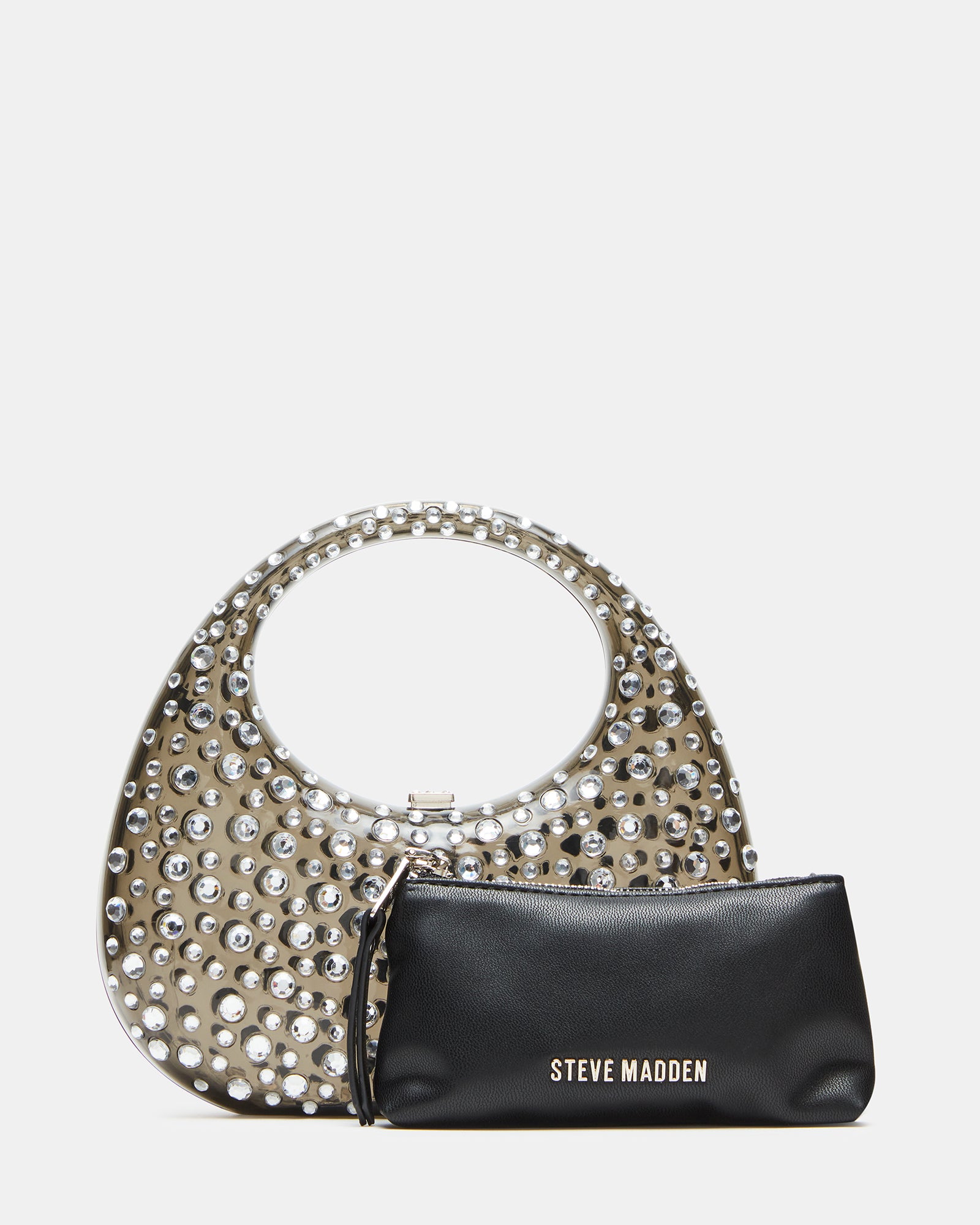 Front view of the structured clear bag with clutch snap closure