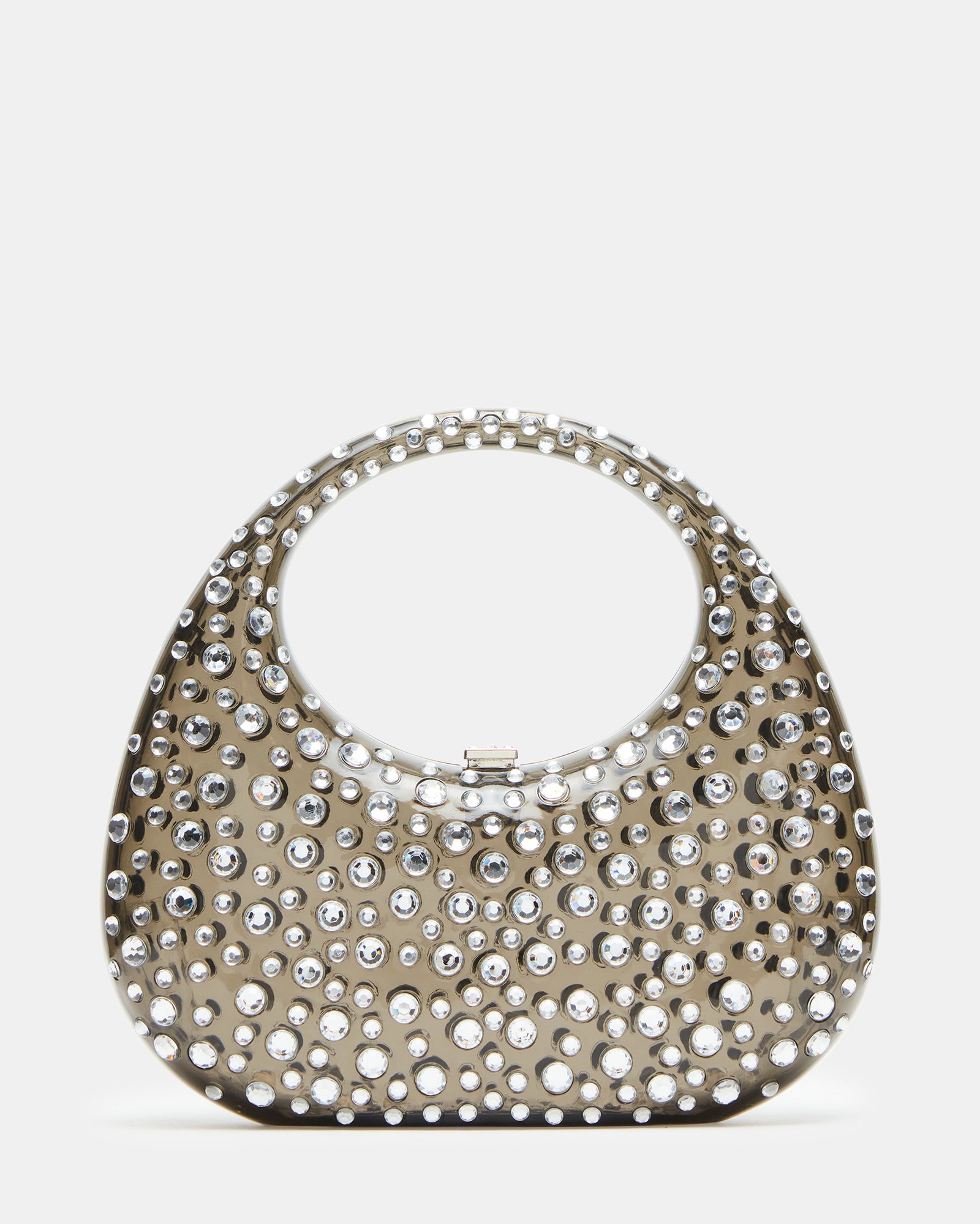 Close-up of the clear shoulder bag with rhinestone embellishments and chain strap