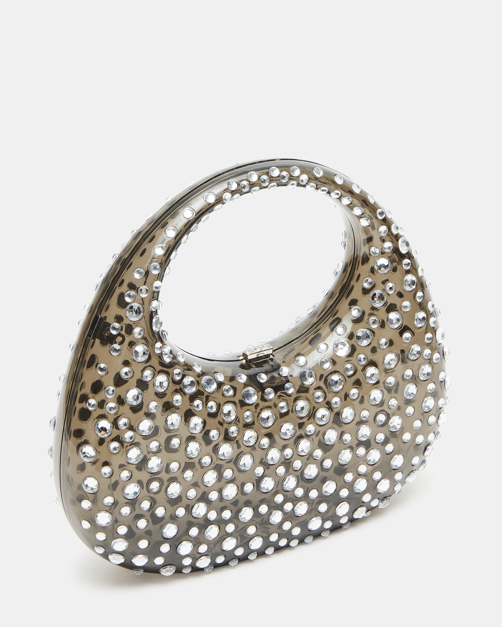 Close-up of the clear shoulder bag with rhinestone embellishments and chain strap