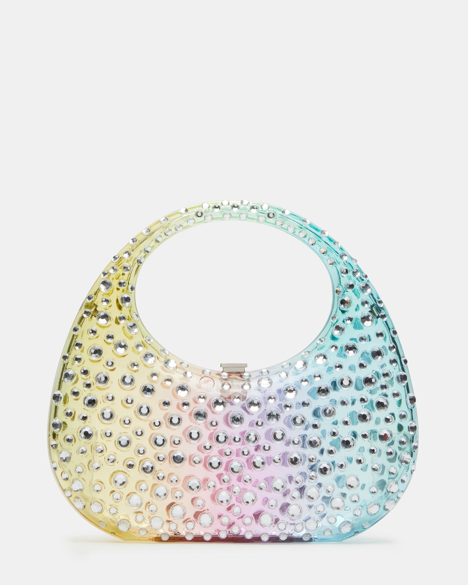 Close-up of DAZY rhinestone black bag showing structured clutch design