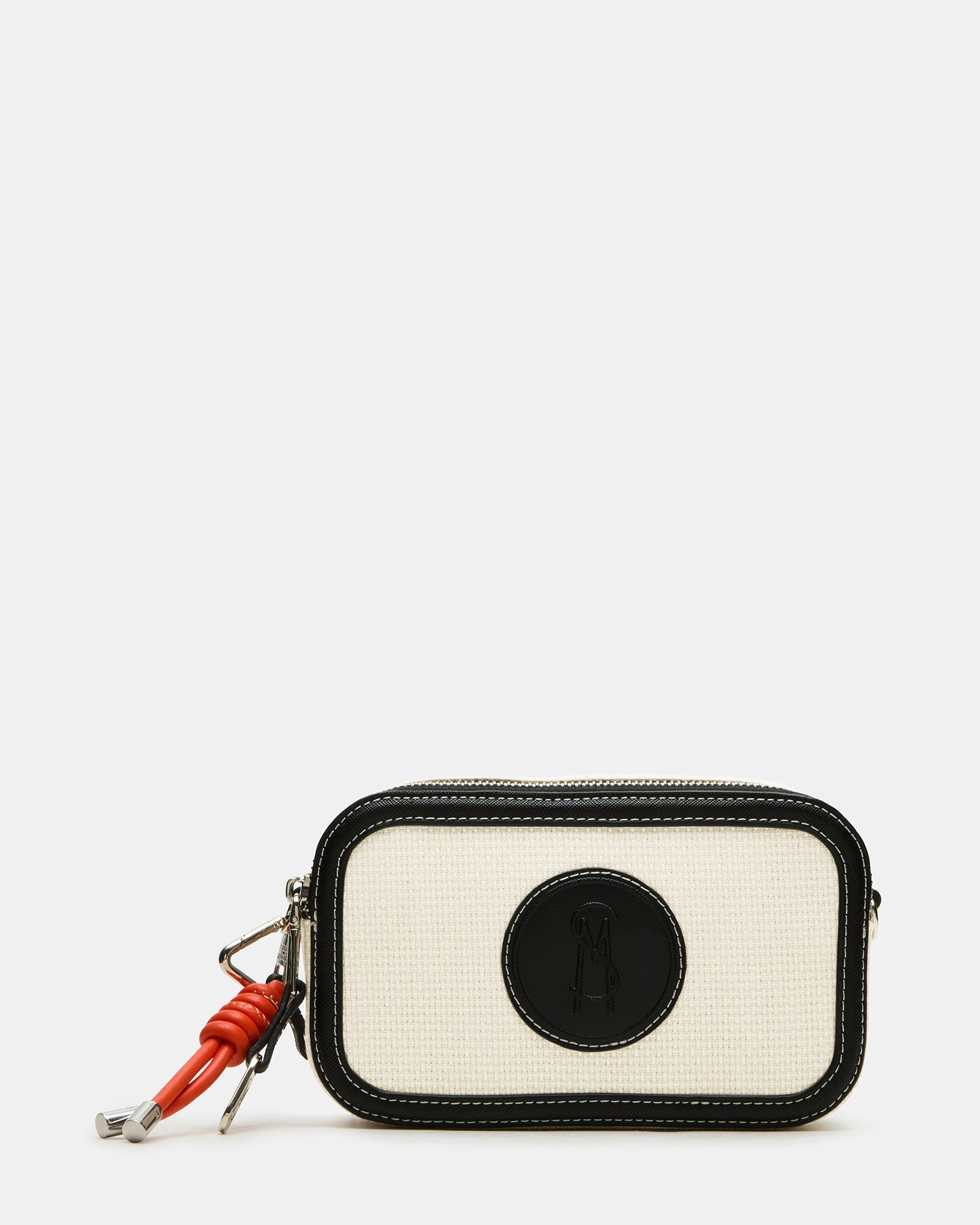 Front view of the Derrick black crossbody bag showcasing the logo patch.