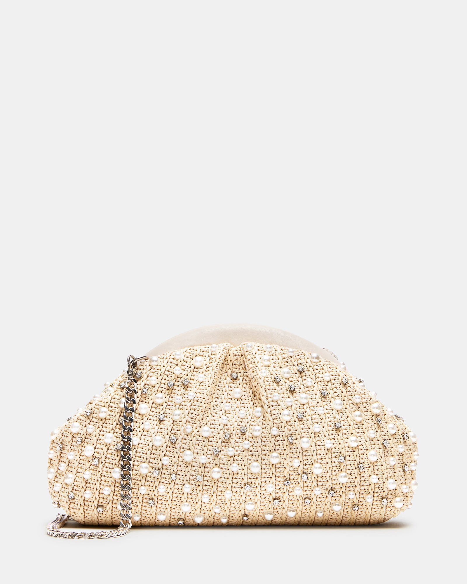 Front angle of rhinestone clutch bag with shimmering pearls and straw body