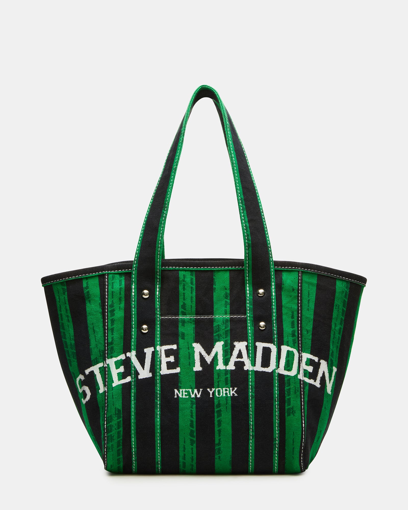 Front view of the Devyn green tote bag showcasing the shoulder strap and front pocket.