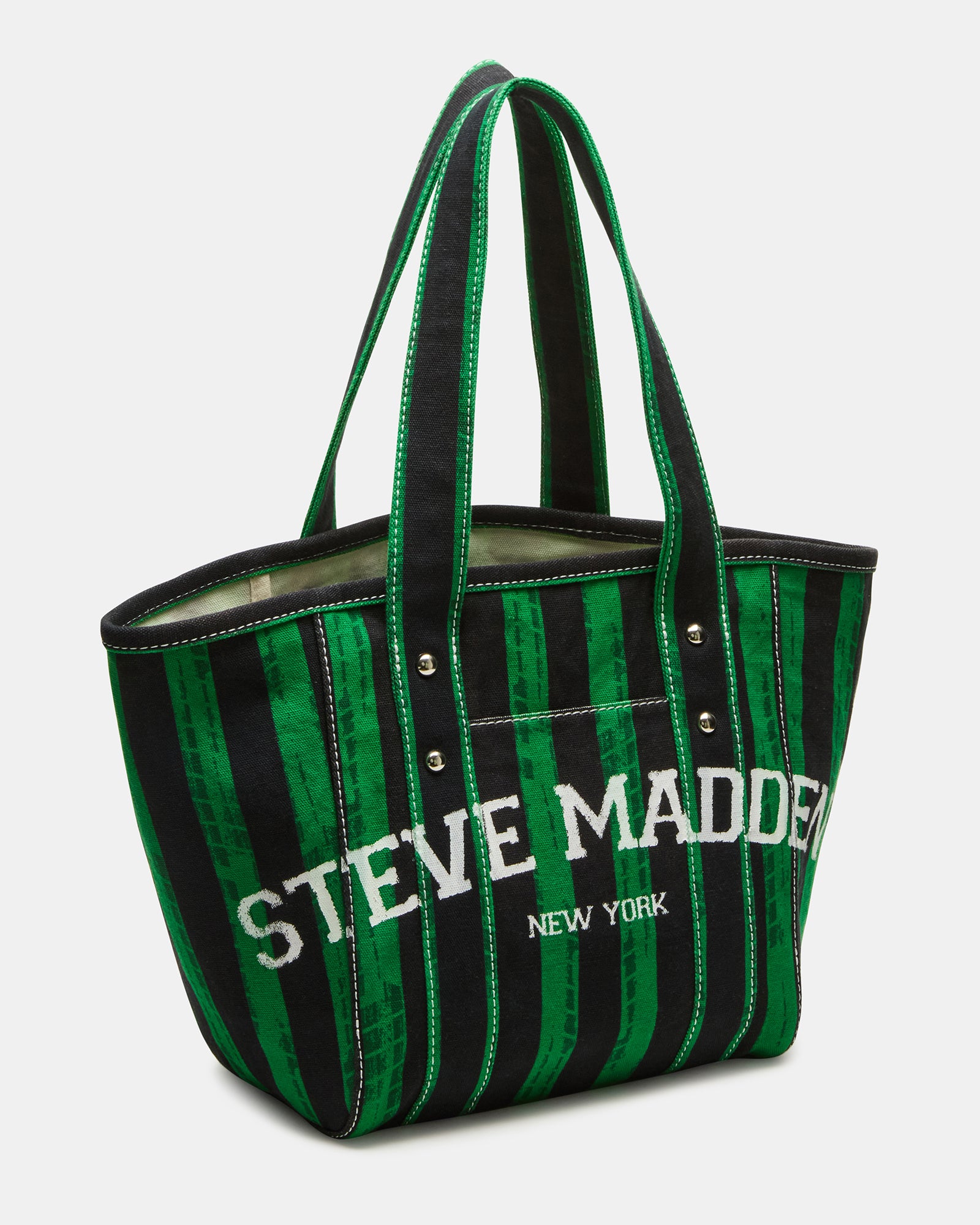 Front view of the Devyn green tote bag showcasing the shoulder strap and front pocket.
