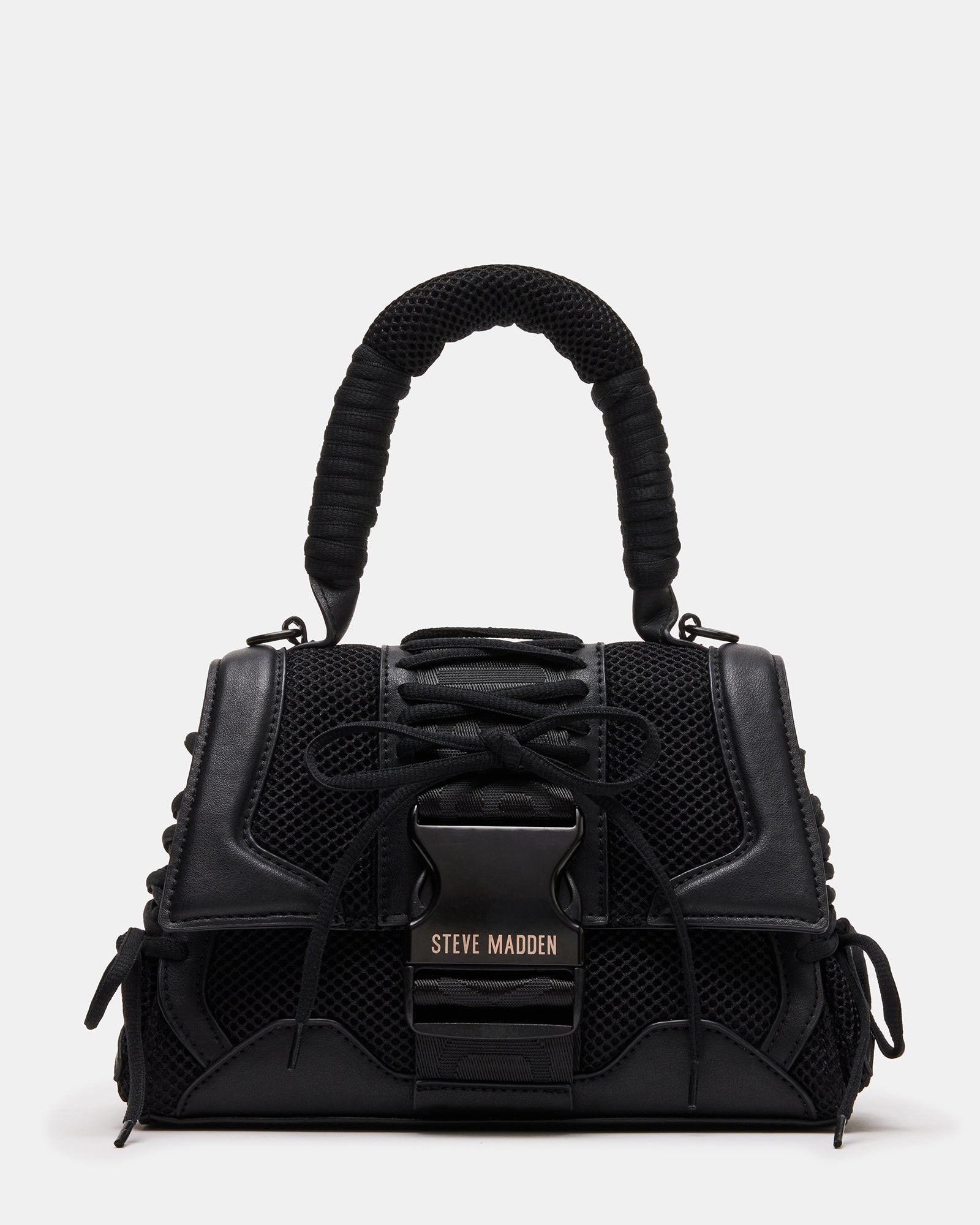Front view of black trapezoid handbag with chunky buckle and sneaker laces