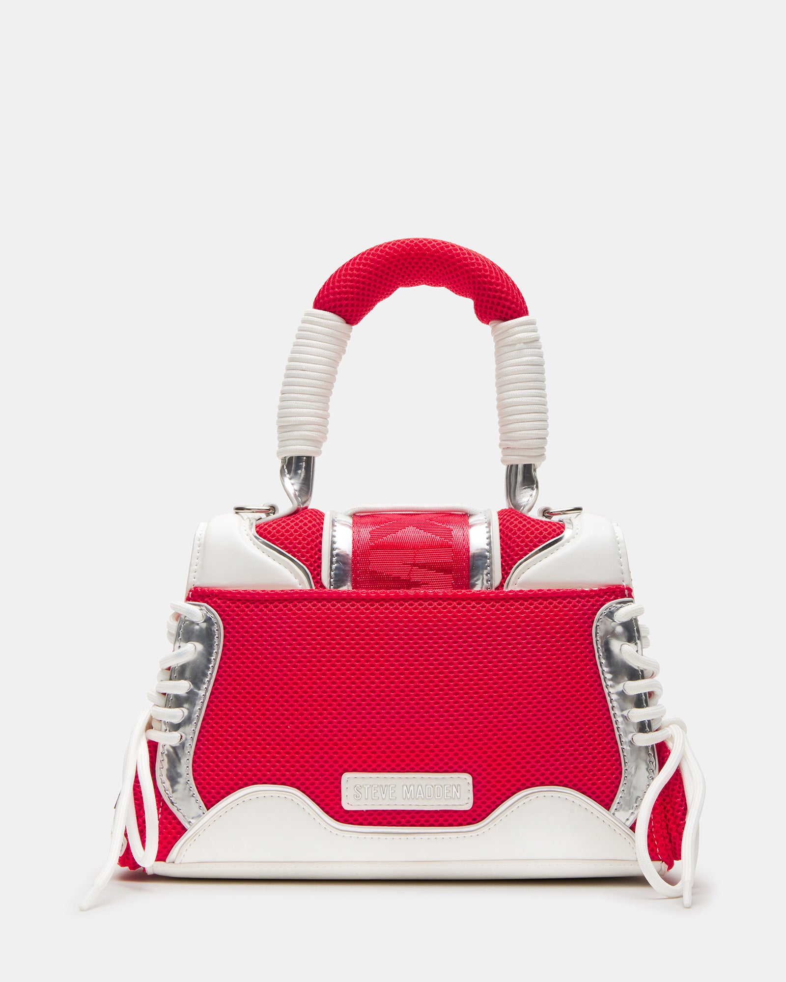 Front view of Diego Red Multi structured handbag showcasing the trapezoid shape.