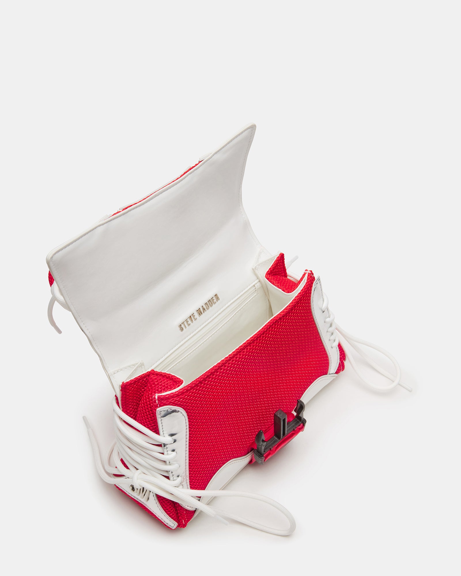 Front view of Diego Red Multi structured handbag showcasing the trapezoid shape.
