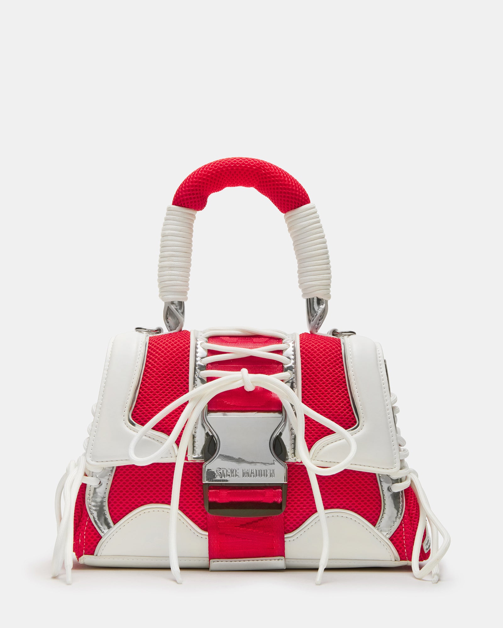 Front view of Diego Red Multi structured handbag showcasing the trapezoid shape.