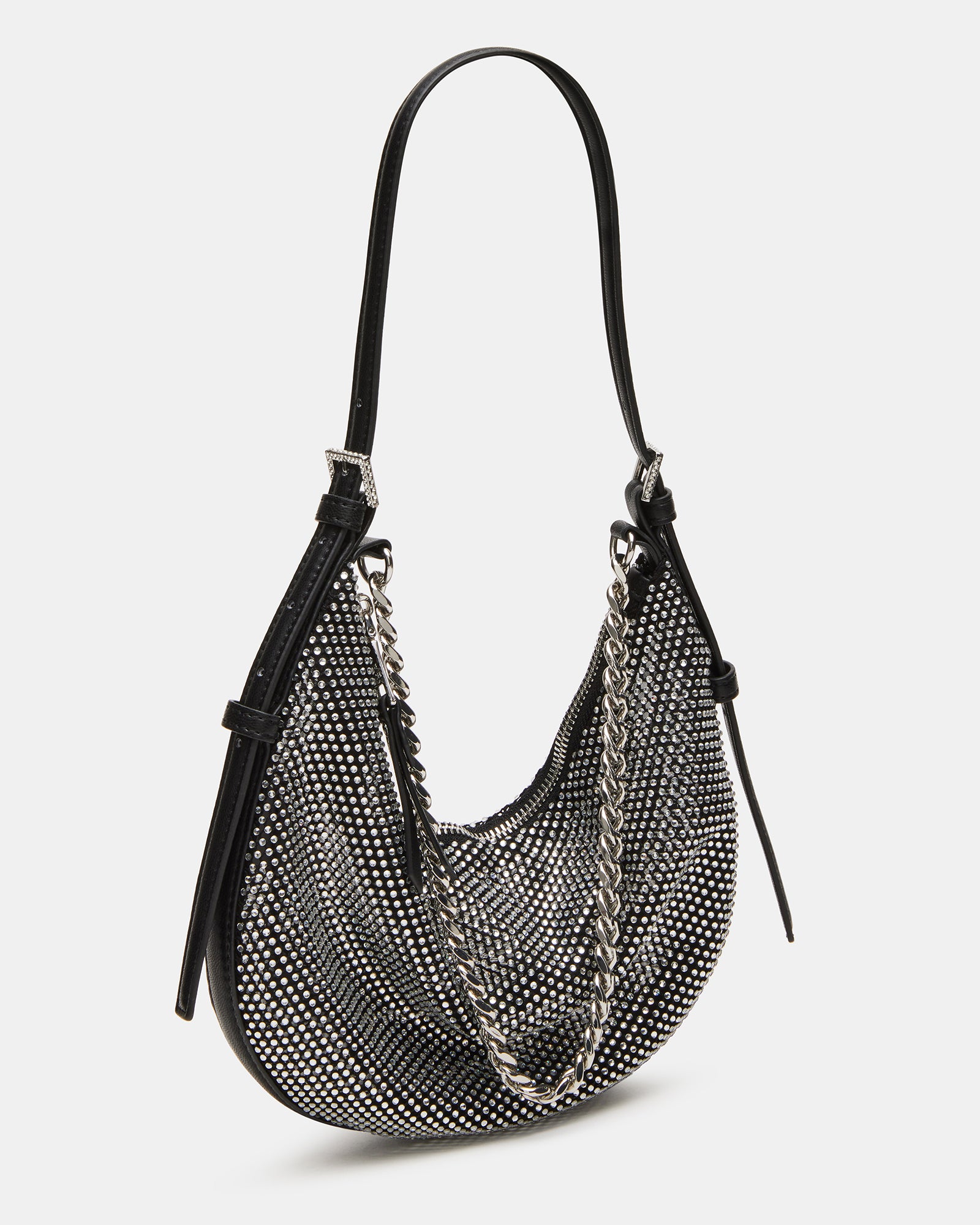 Close-up of the adjustable shoulder strap with rhinestone buckles.