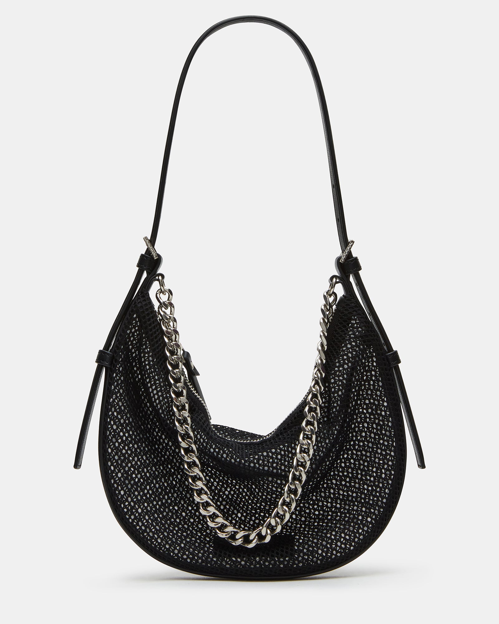 Front view of the black mesh chain bag with chunky curb chain.