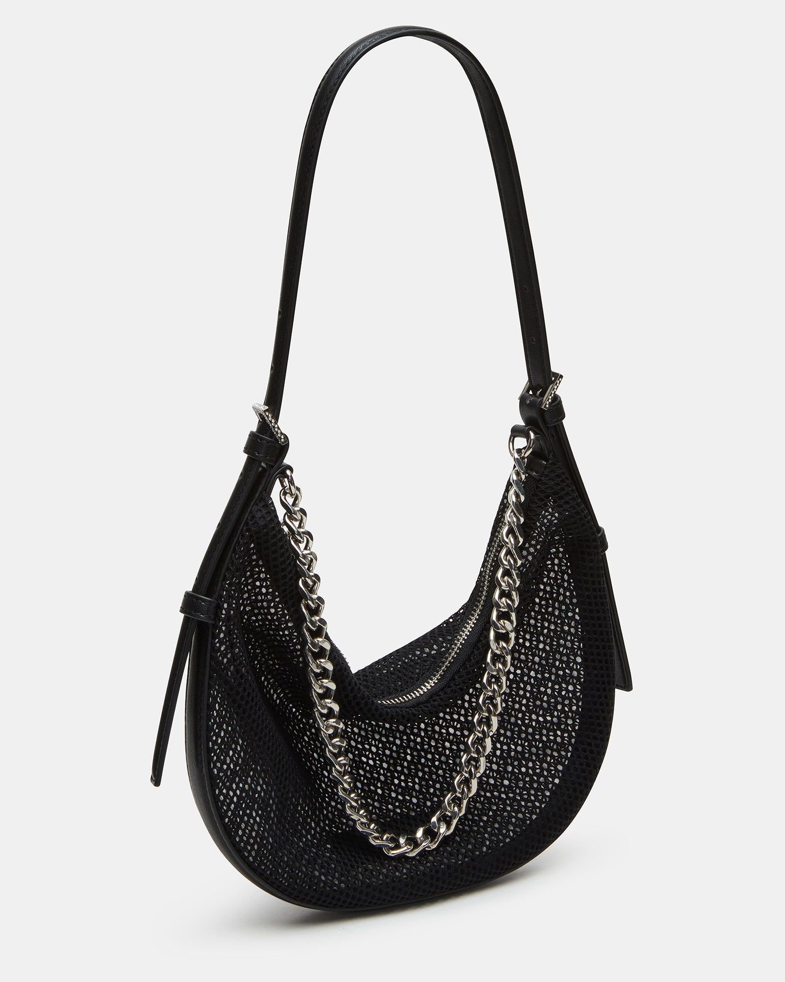 Front view of the black mesh chain bag with chunky curb chain.