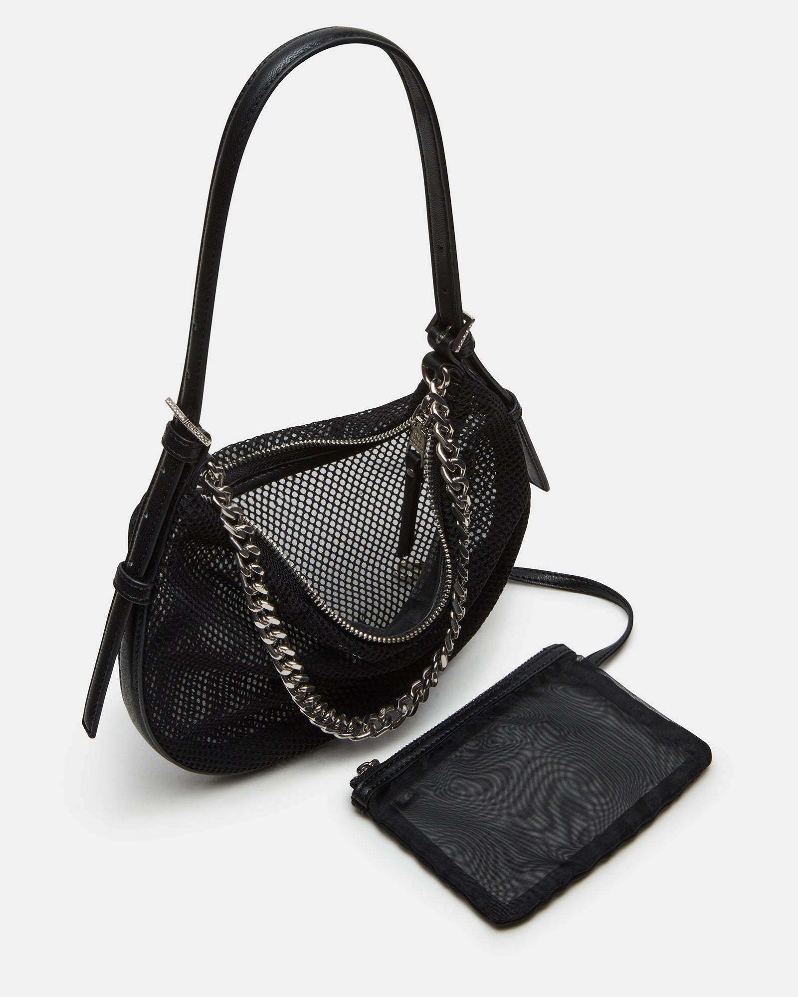 Side angle of the designer mesh bag highlighting the adjustable strap.