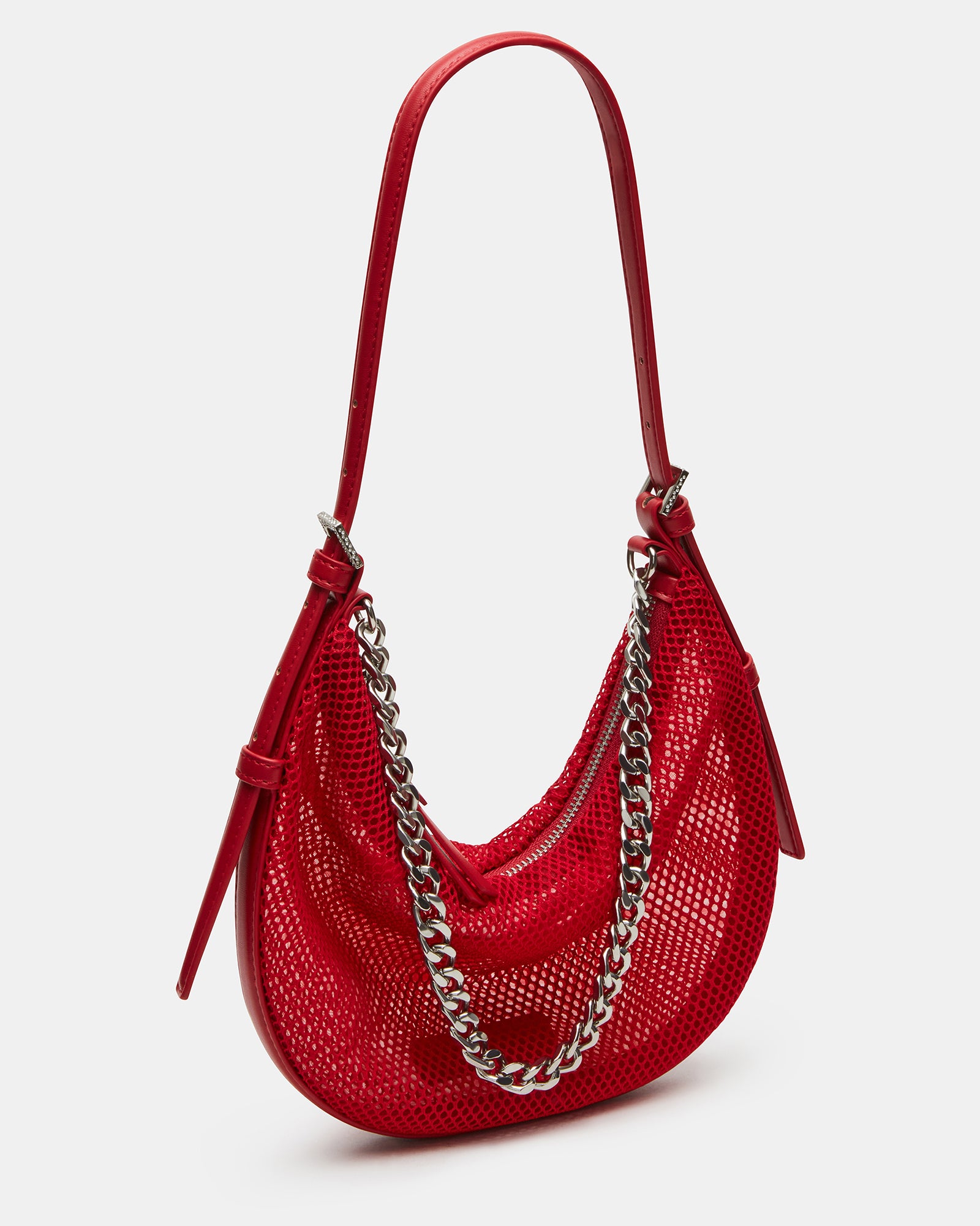 DREAMIN mesh bag in red with chunky chain on a white background