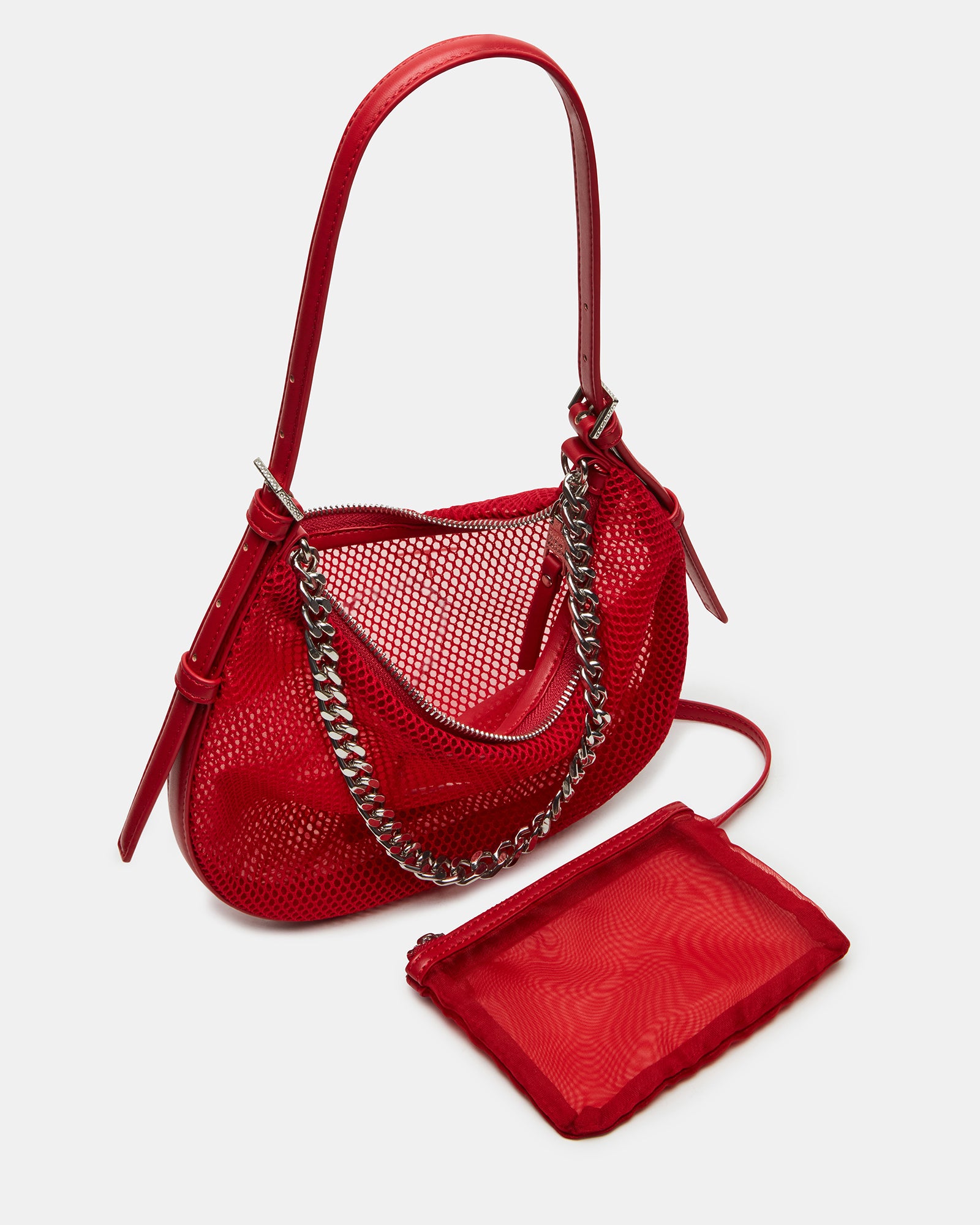 Close-up of the red mesh bag showcasing the removable inner pouch
