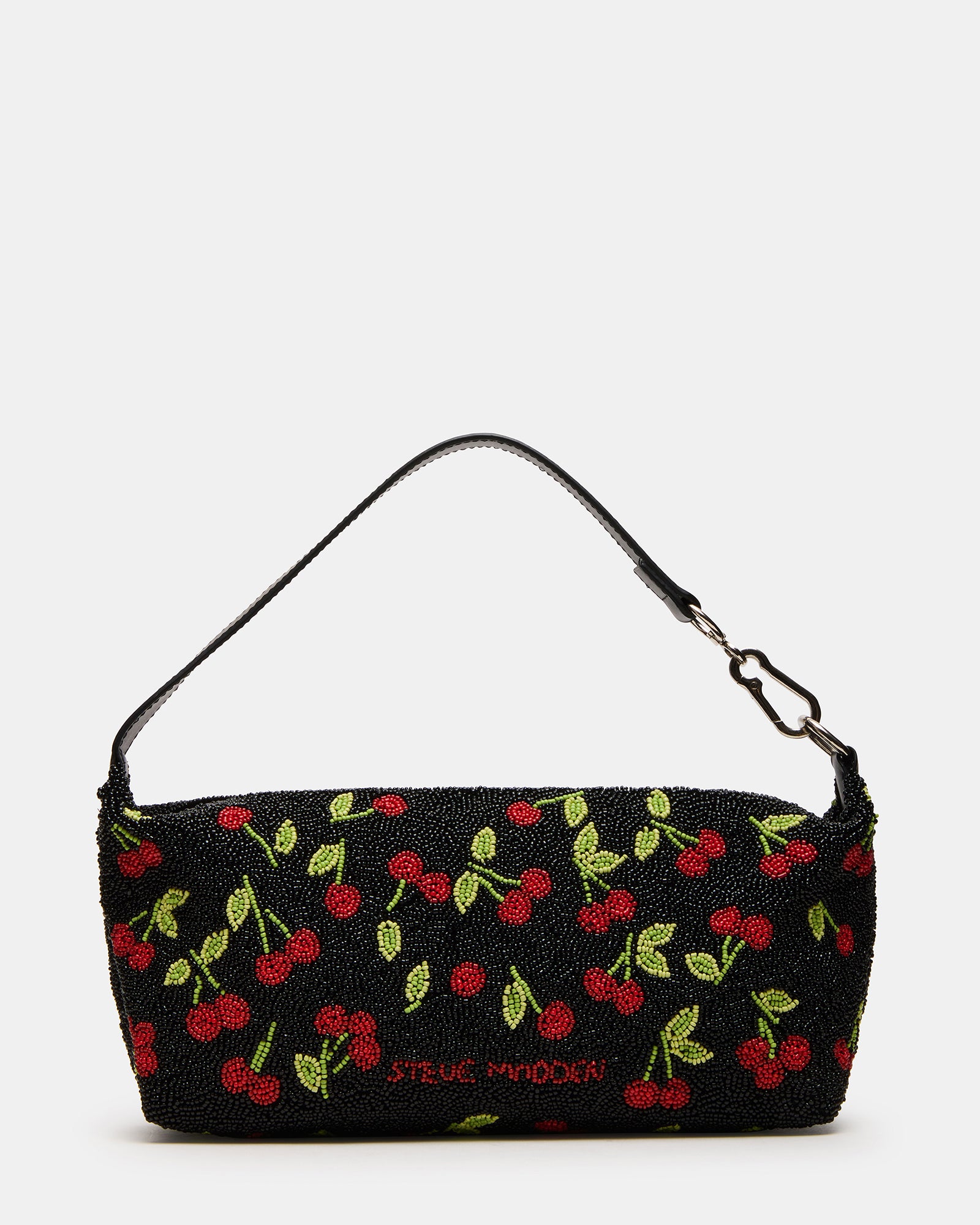 Close-up of the beaded details and zipper closure of the shoulder bag.