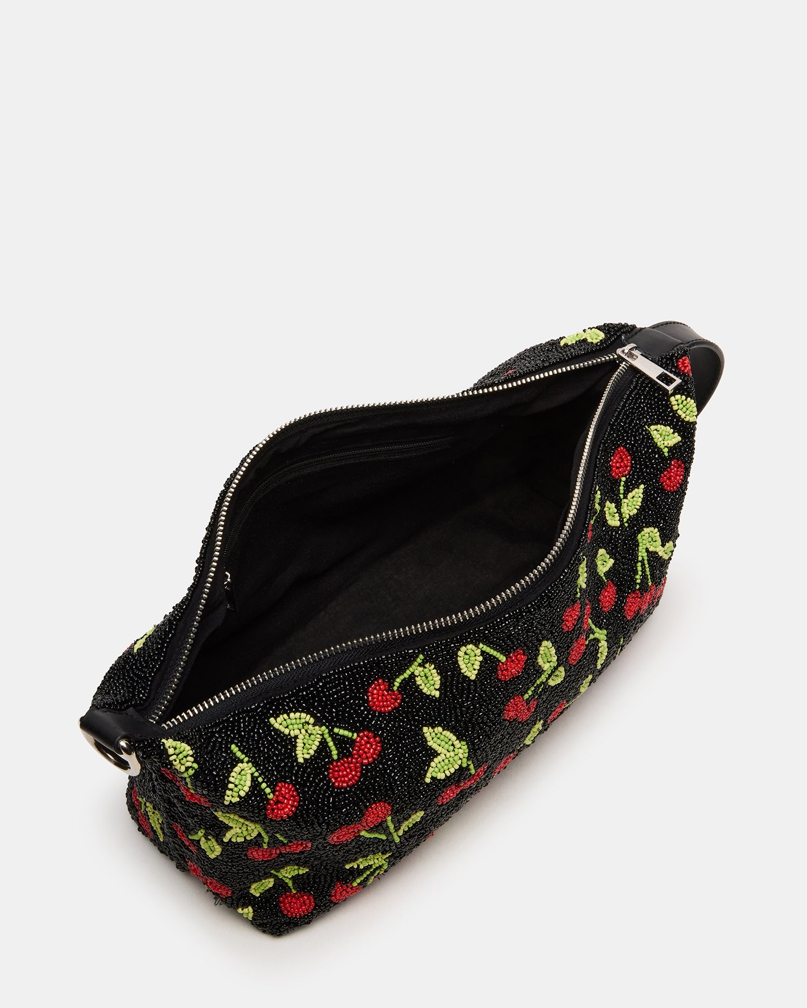 Side angle of the black multi beaded bag highlighting the shoulder strap.