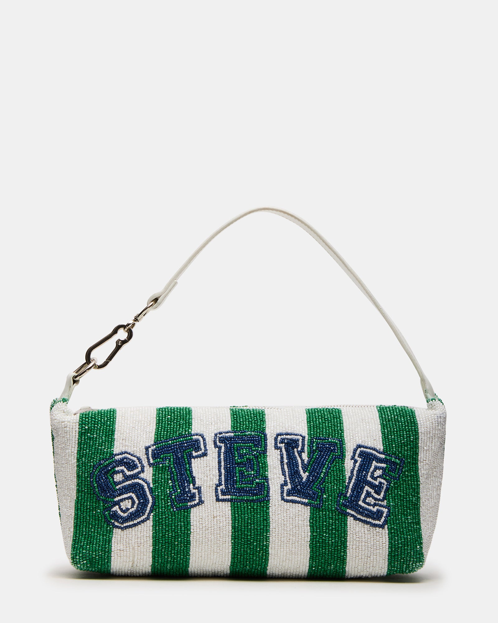Front angle of Emersyn beaded bag showing zipper and logo design