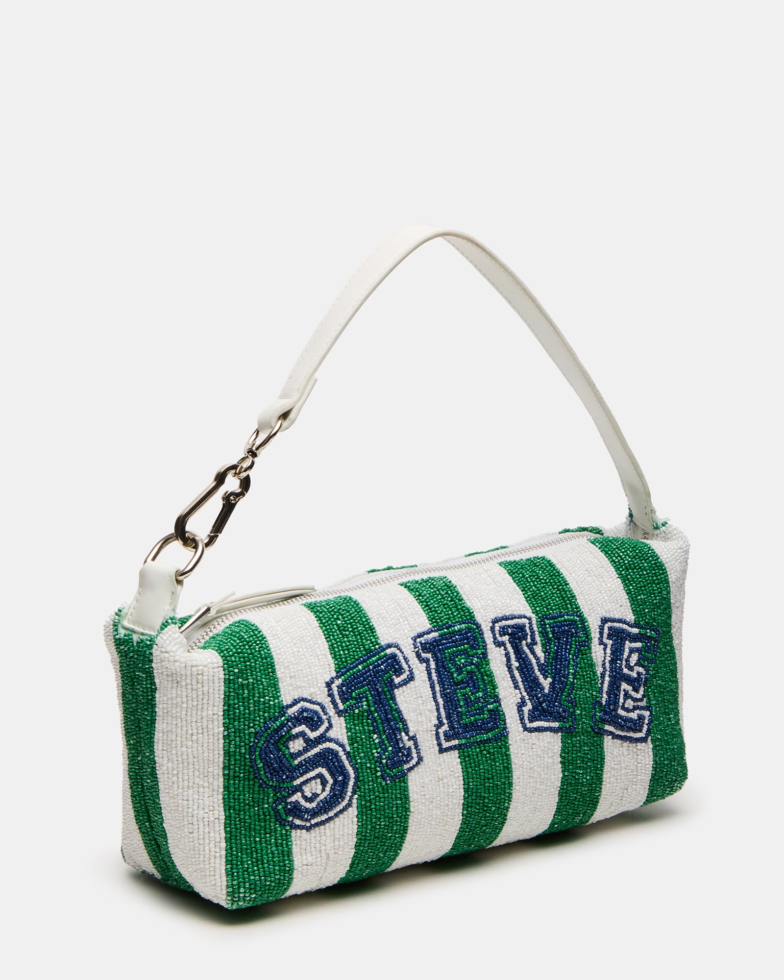Front angle of Emersyn beaded bag showing zipper and logo design