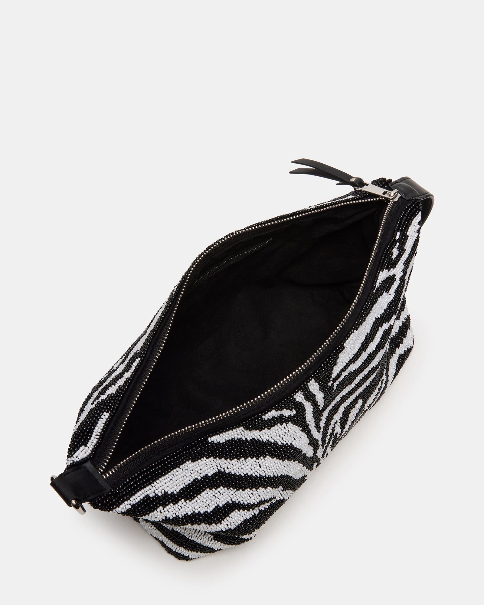 Side angle of the designer shoulder bag showing zipper details
